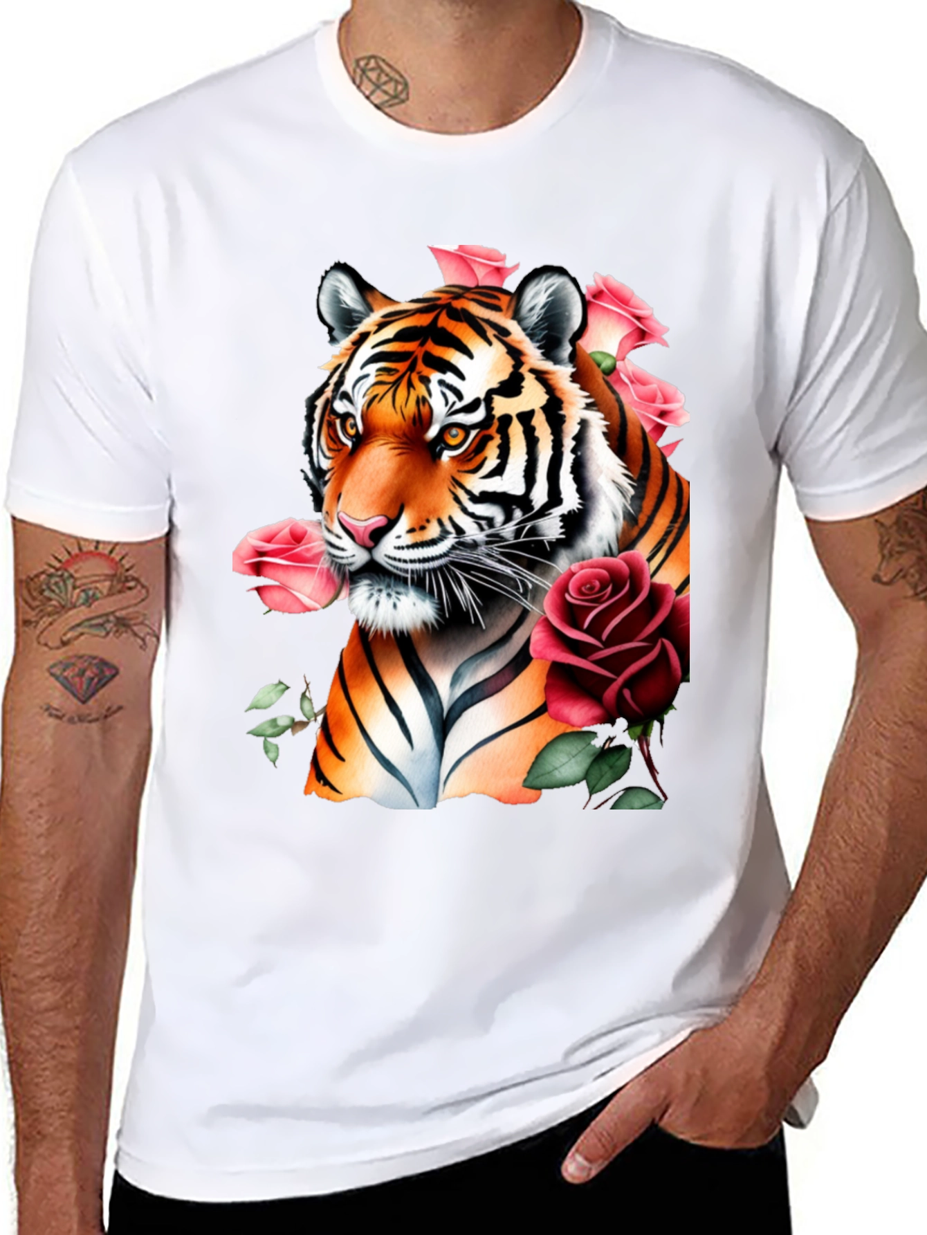Tiger & Roses Graphic Print Black T-Shirt