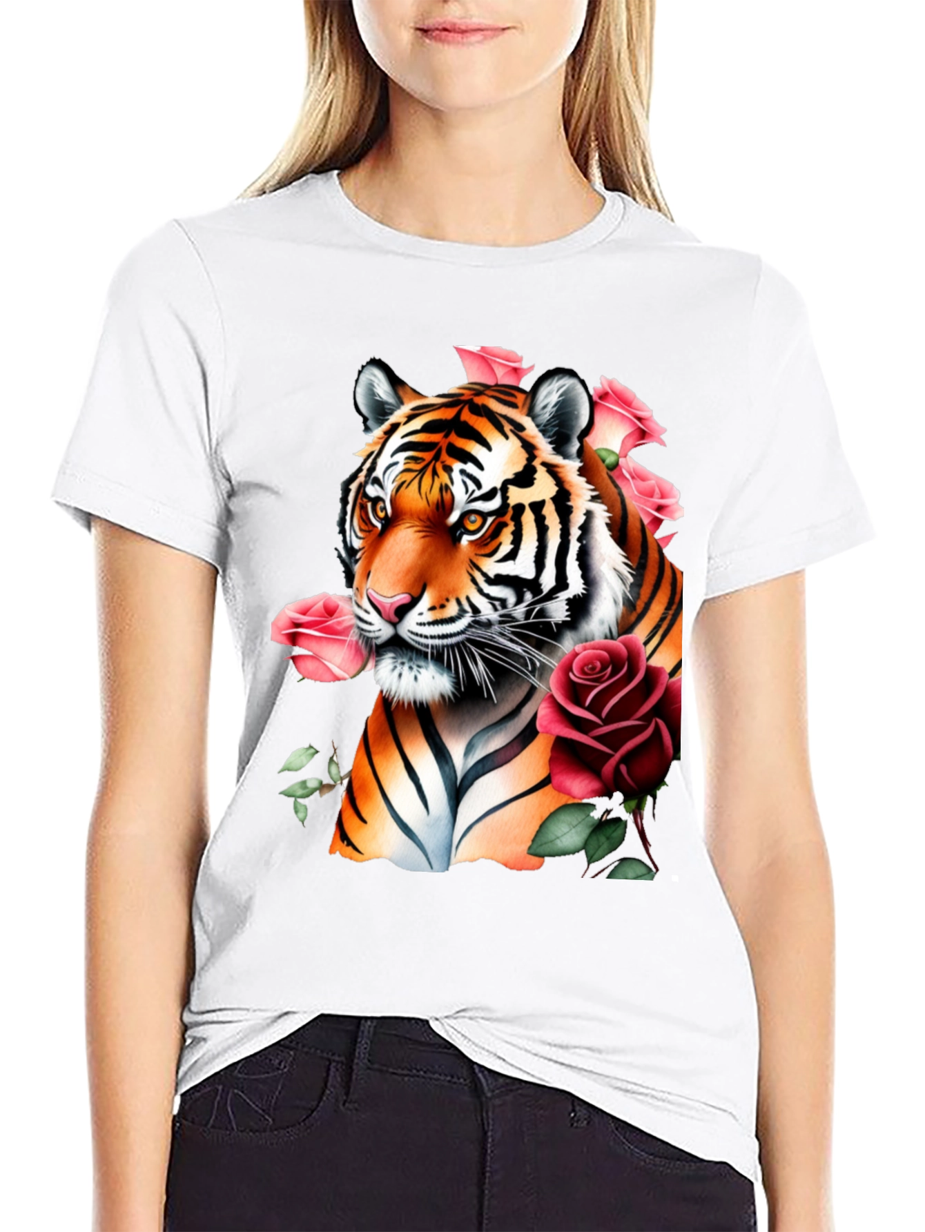 Tiger & Roses Graphic Print Black T-Shirt