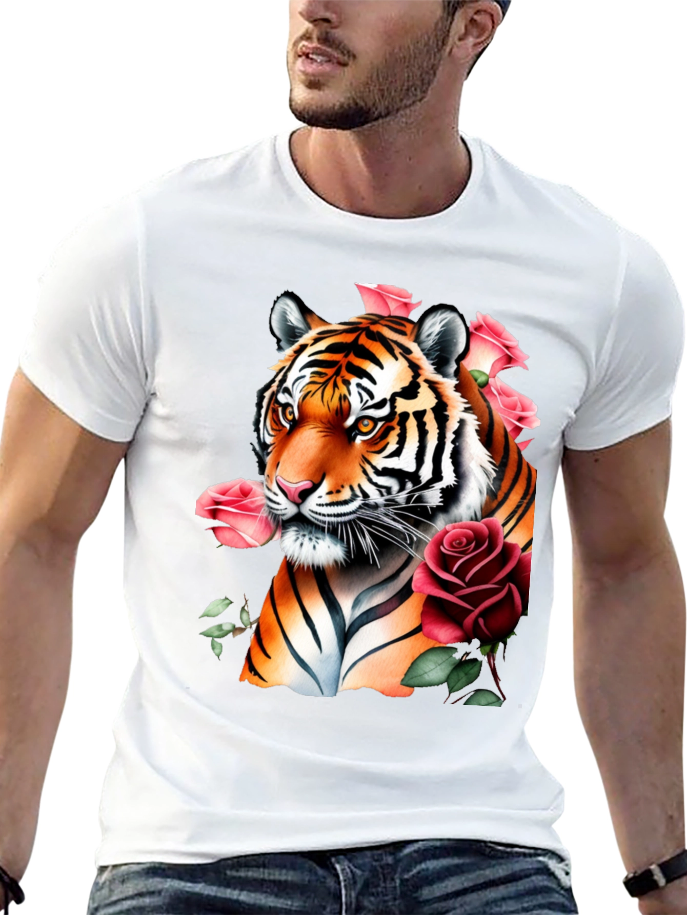Tiger & Roses Graphic Print Black T-Shirt
