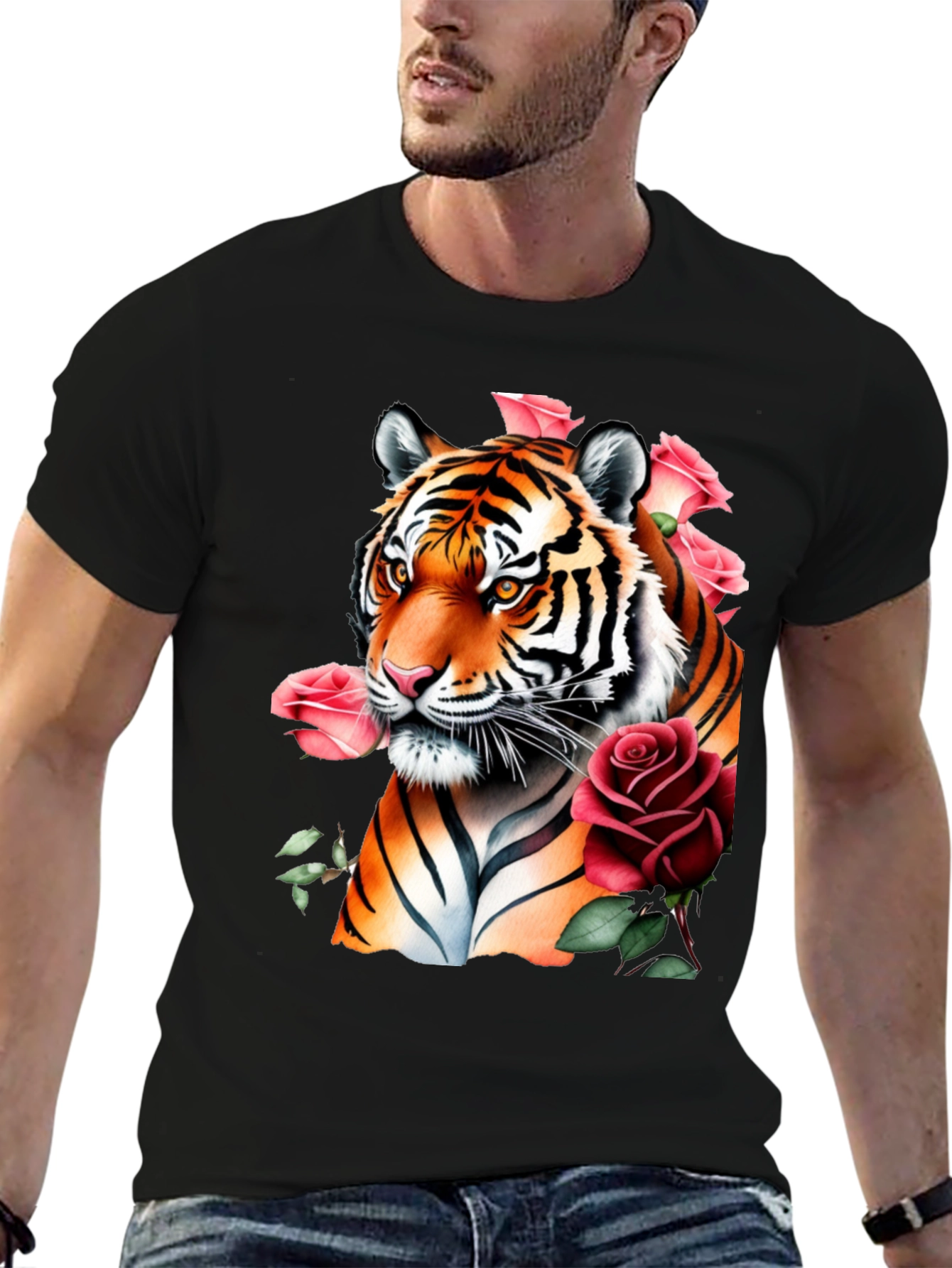 Tiger & Roses Graphic Print Black T-Shirt