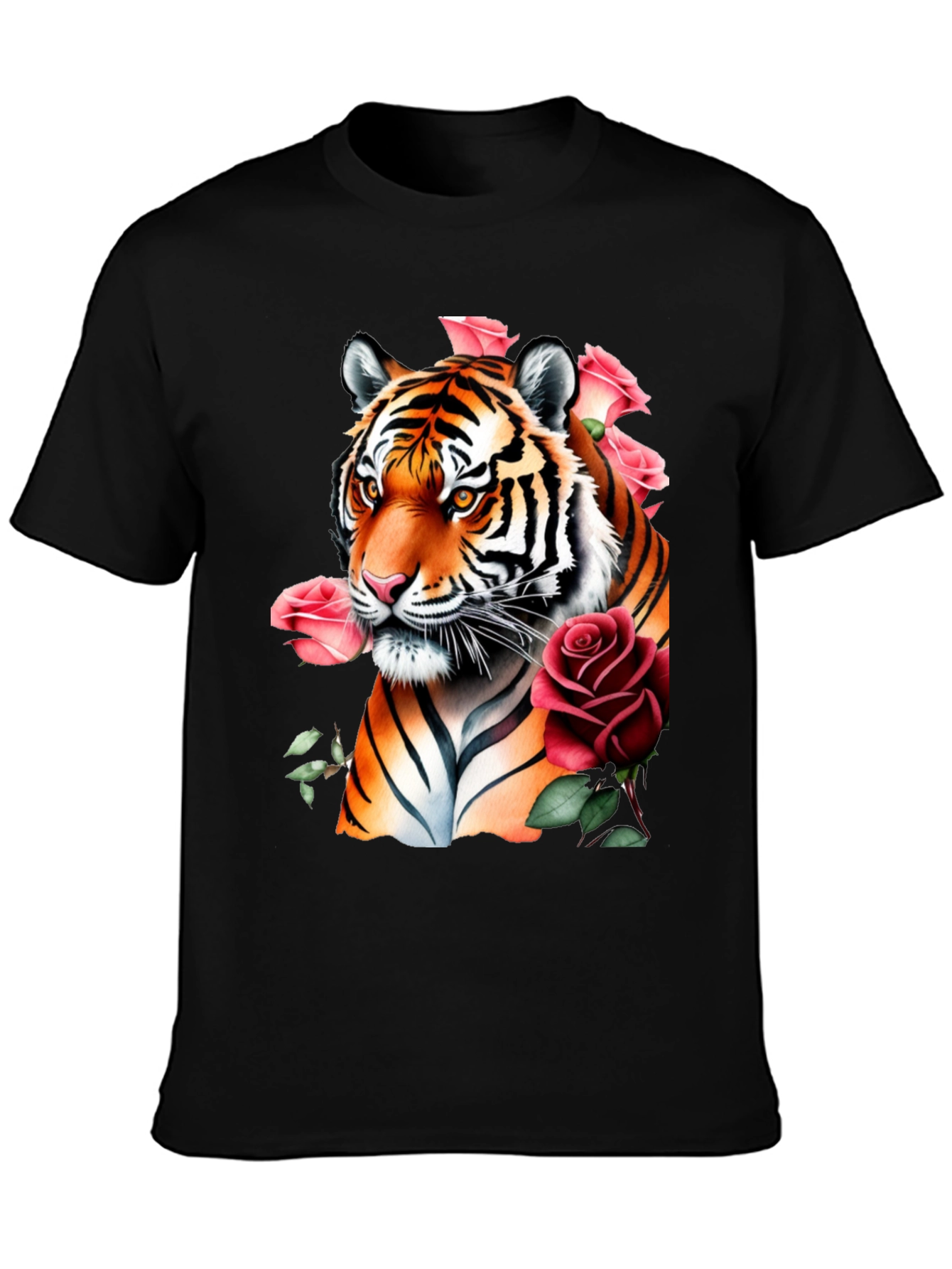 Tiger & Roses Graphic Print Black T-Shirt