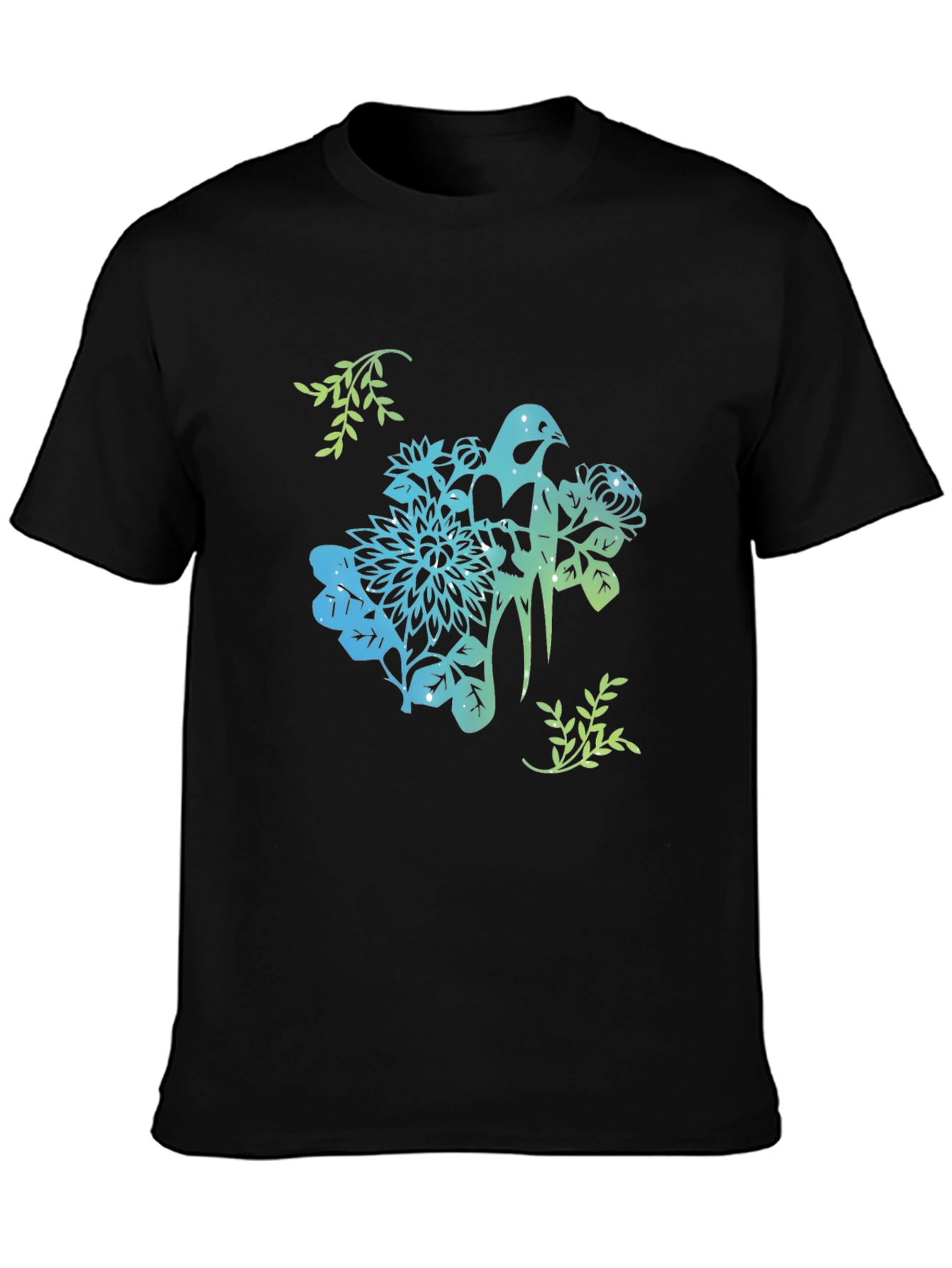 Bird & Floral Graphic Black T-Shirt