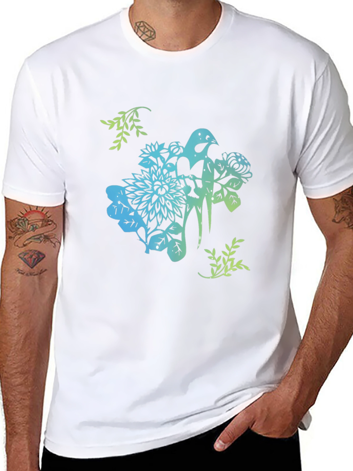 Bird & Floral Graphic Black T-Shirt