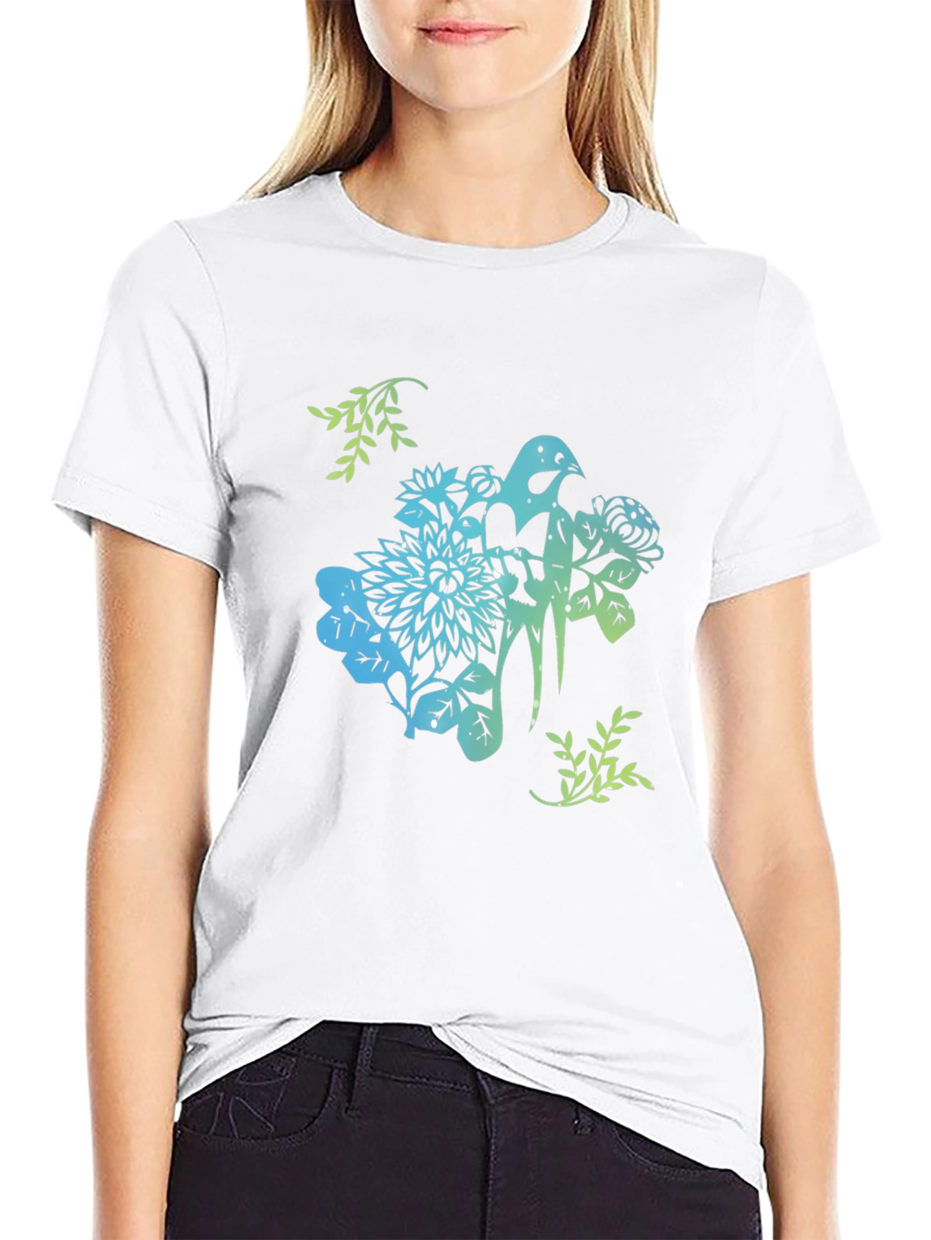 Bird & Floral Graphic Black T-Shirt
