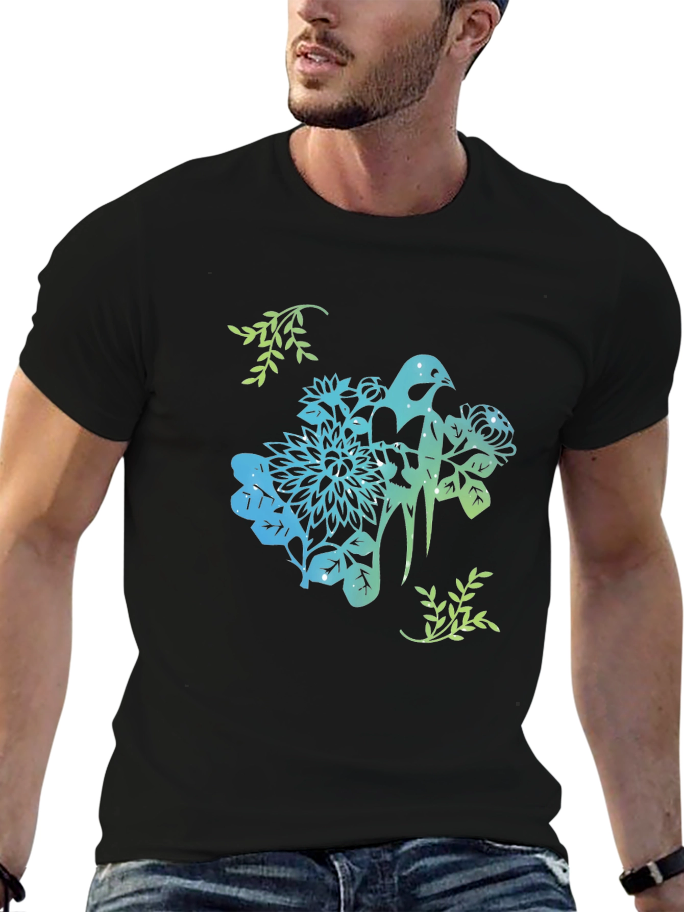 Bird & Floral Graphic Black T-Shirt
