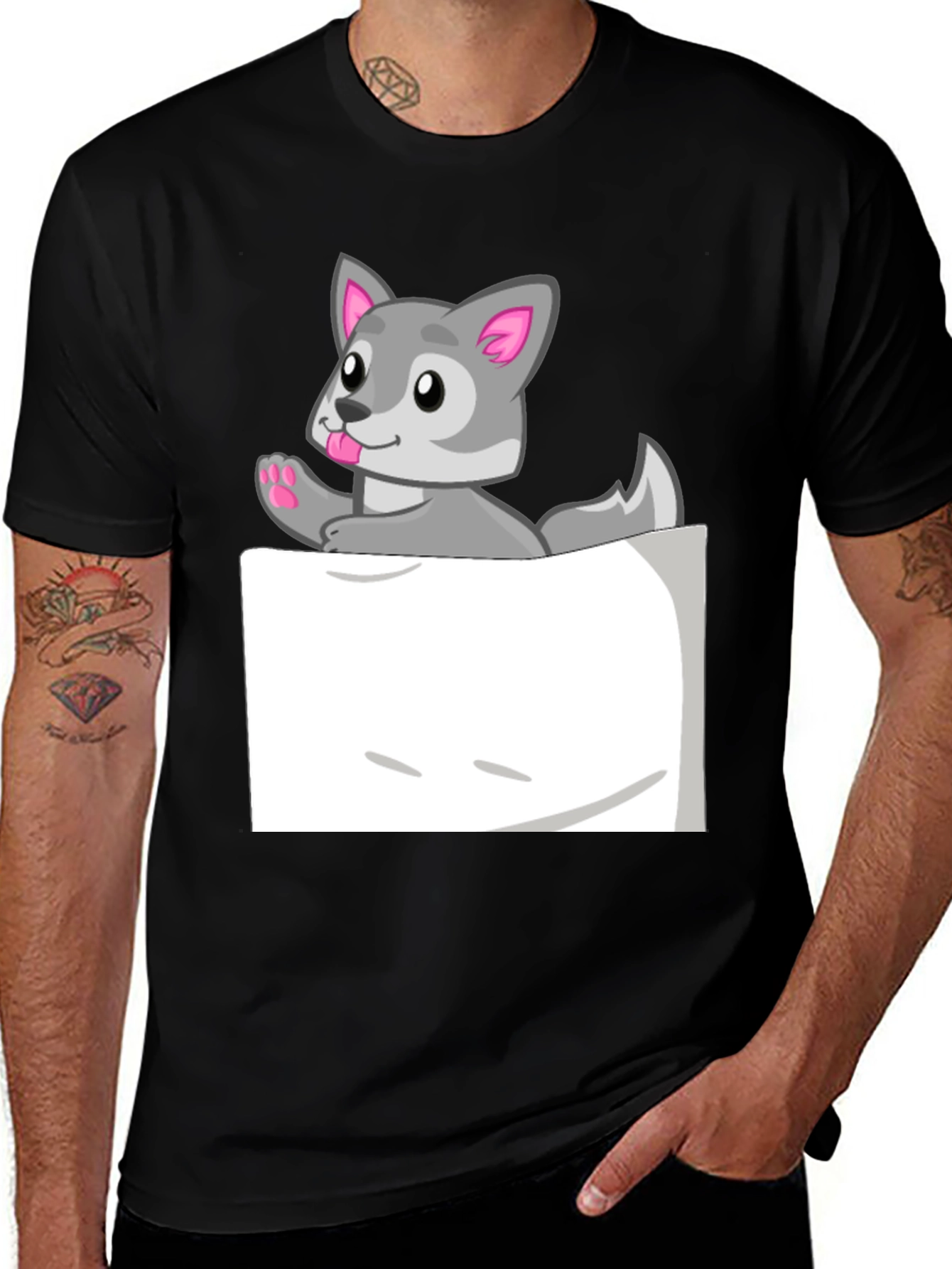 Cute Wolf Pocket Graphic Tee - Fun Animal Design!
