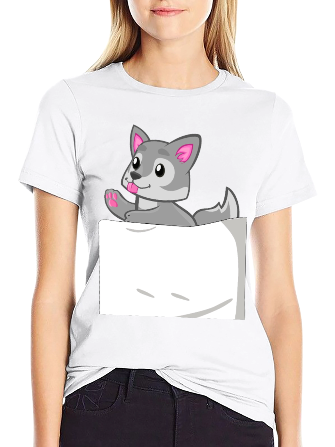 Cute Wolf Pocket Graphic Tee - Fun Animal Design!