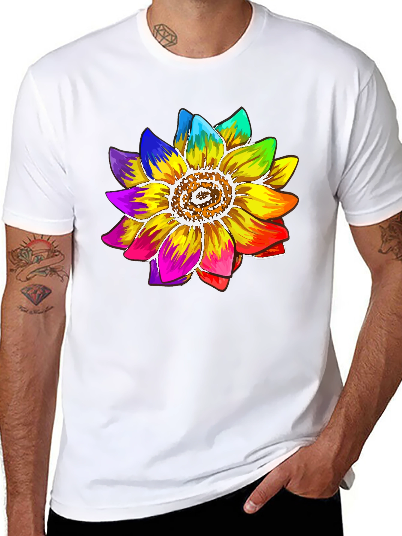 Rainbow Sunflower Graphic Tee - Black Cotton Blend Shirt