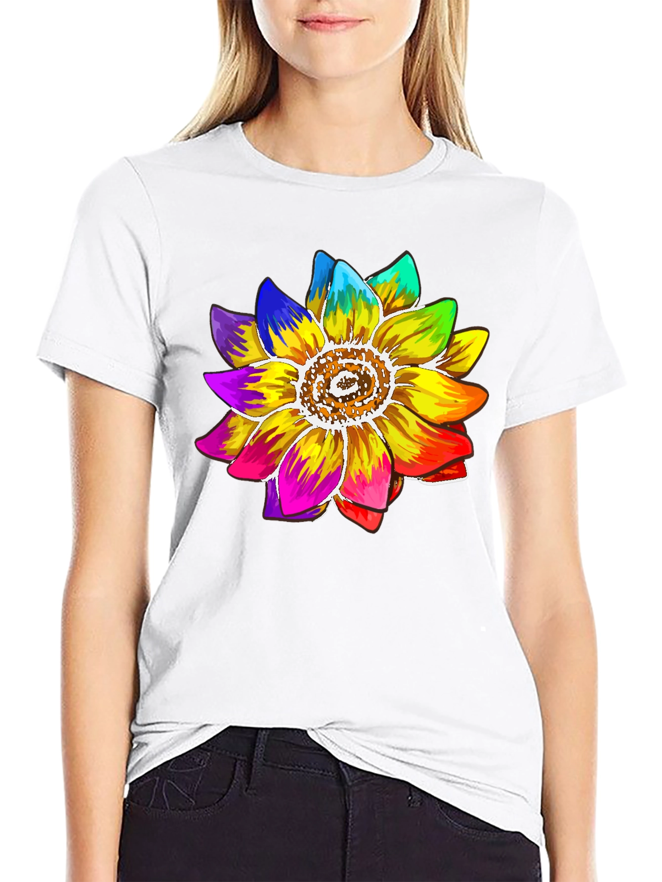 Rainbow Sunflower Graphic Tee - Black Cotton Blend Shirt