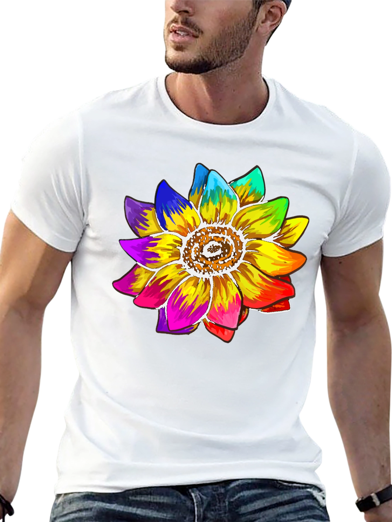 Rainbow Sunflower Graphic Tee - Black Cotton Blend Shirt