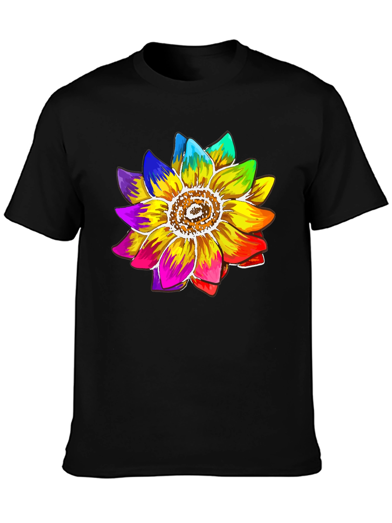 Rainbow Sunflower Graphic Tee - Black Cotton Blend Shirt