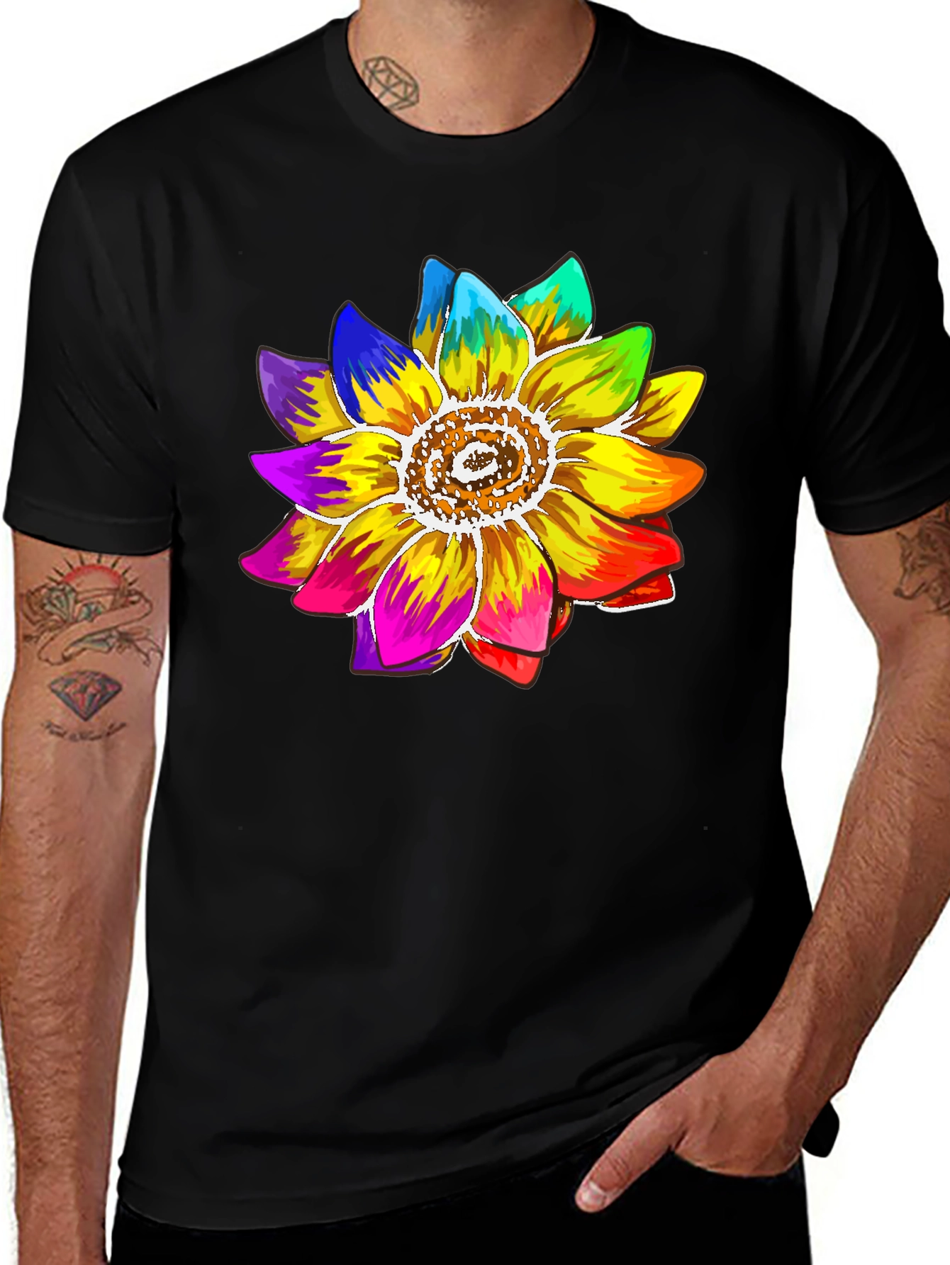 Rainbow Sunflower Graphic Tee - Black Cotton Blend Shirt