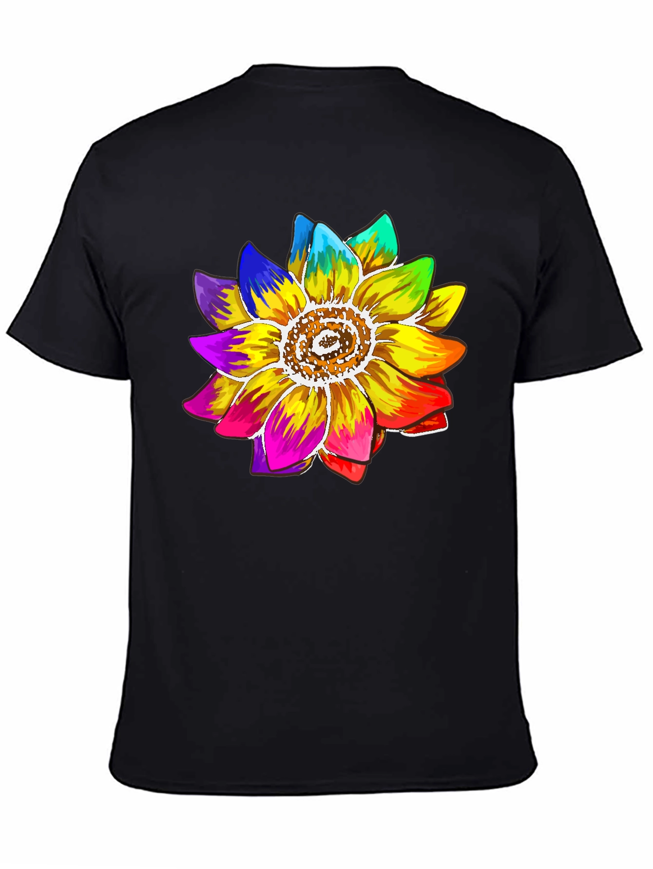 Rainbow Sunflower Graphic Tee - Black Cotton Blend Shirt