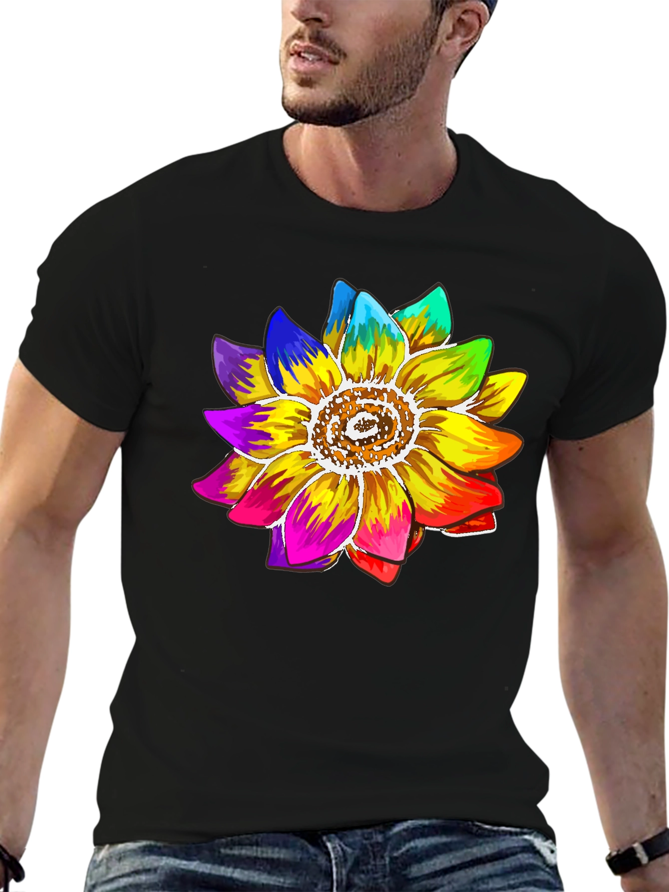 Rainbow Sunflower Graphic Tee - Black Cotton Blend Shirt