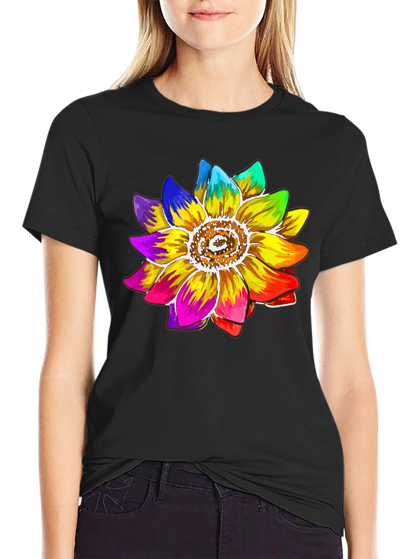 Rainbow Sunflower Graphic Tee - Black Cotton Blend Shirt