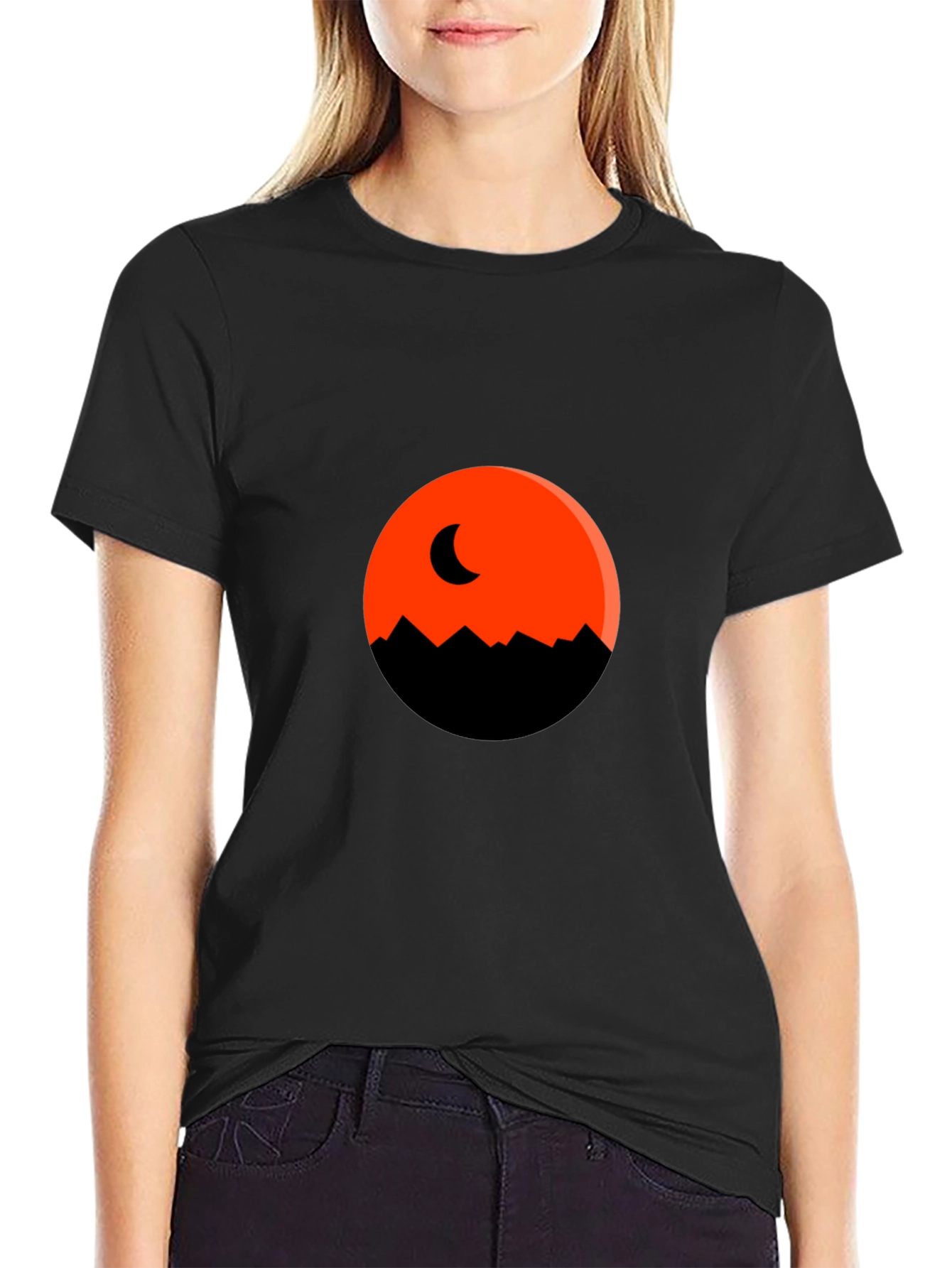 Orange Moon Mountain Black T-Shirt