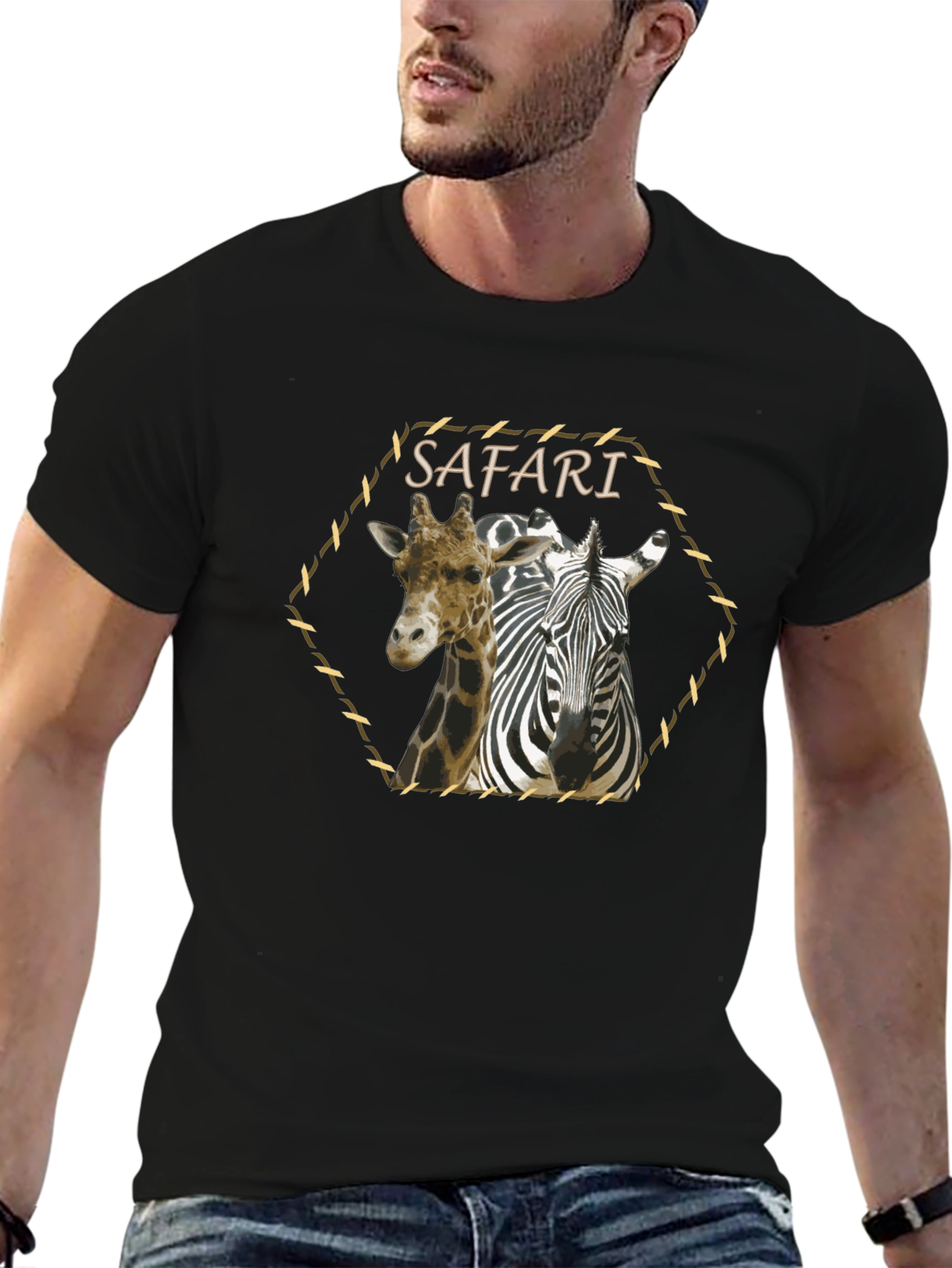 Safari Giraffe Zebra Graphic Print Black T-Shirt