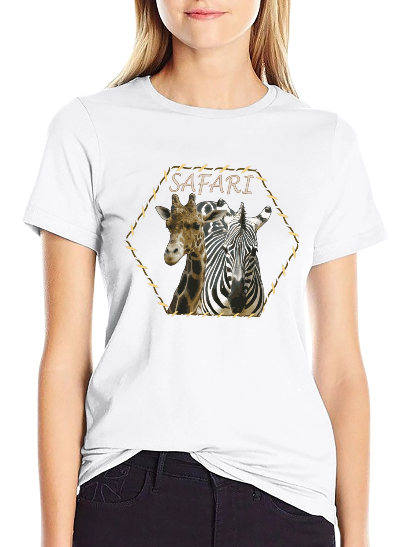 Safari Giraffe Zebra Graphic Print Black T-Shirt
