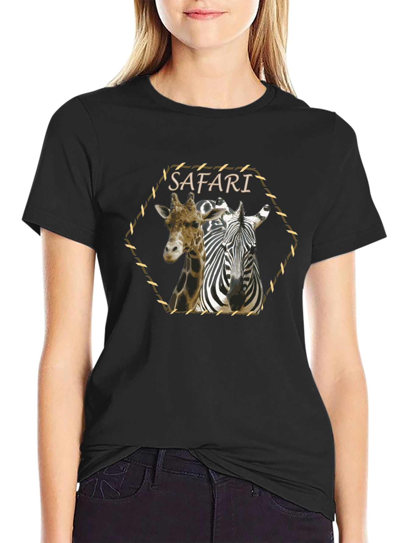 Safari Giraffe Zebra Graphic Print Black T-Shirt