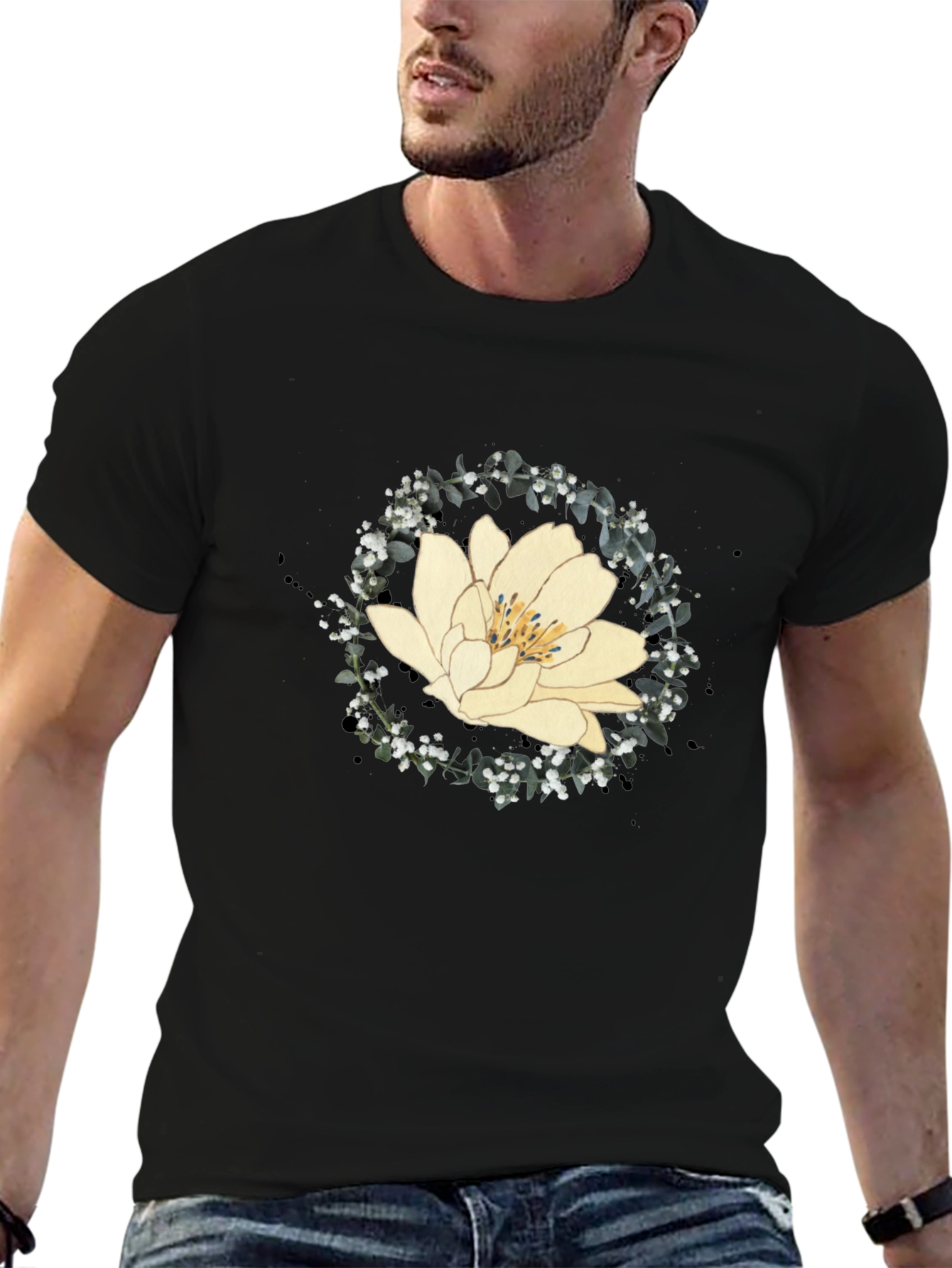 Lotus Flower Graphic Tee - Black Cotton Blend