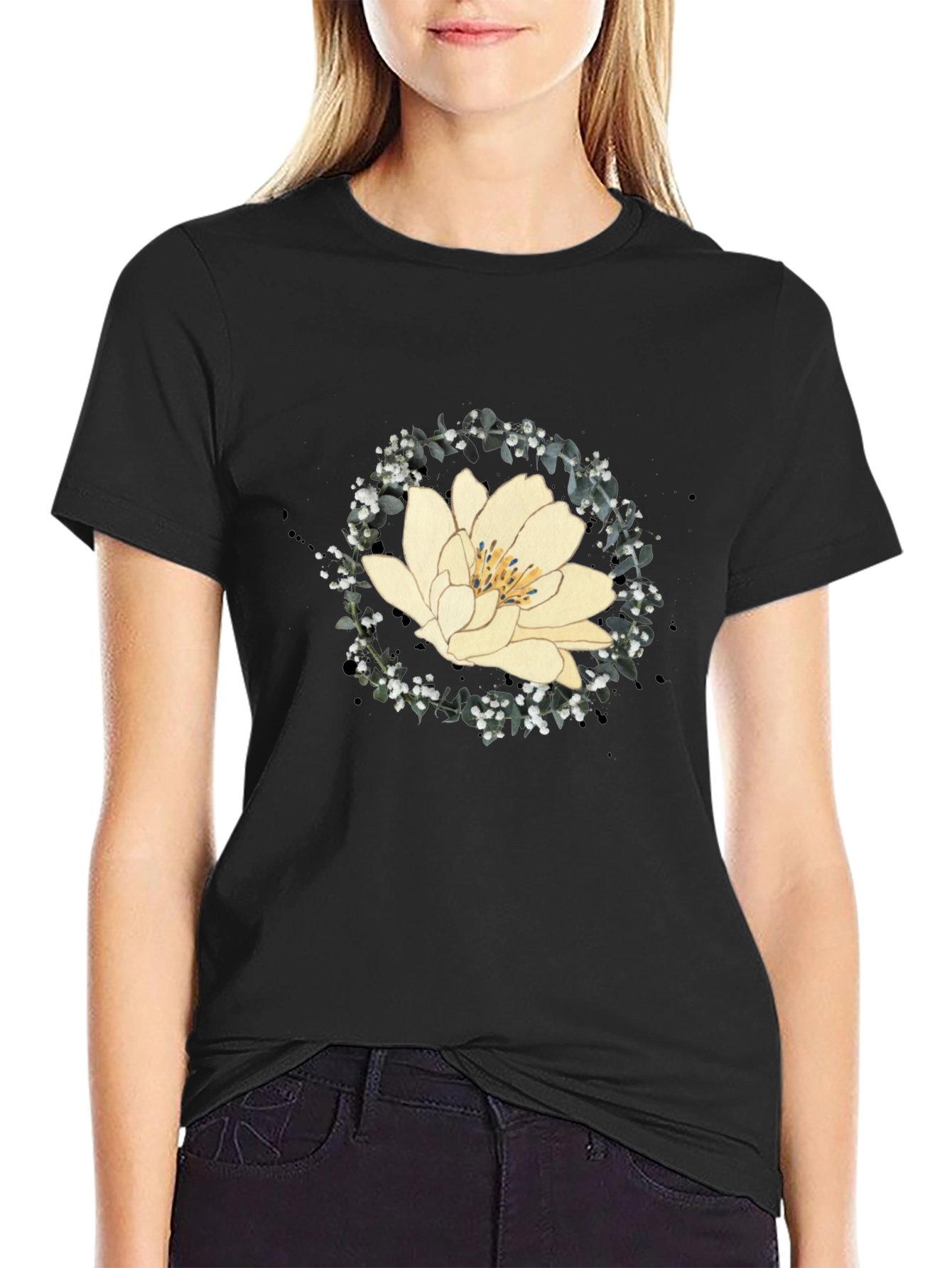 Lotus Flower Graphic Tee - Black Cotton Blend