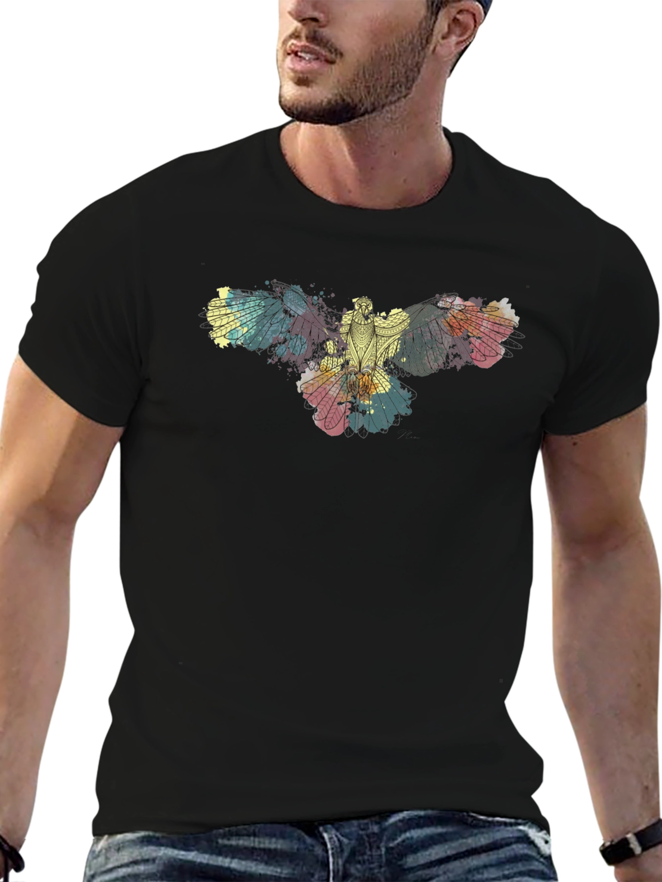 Abstract Bird Print Black T-Shirt