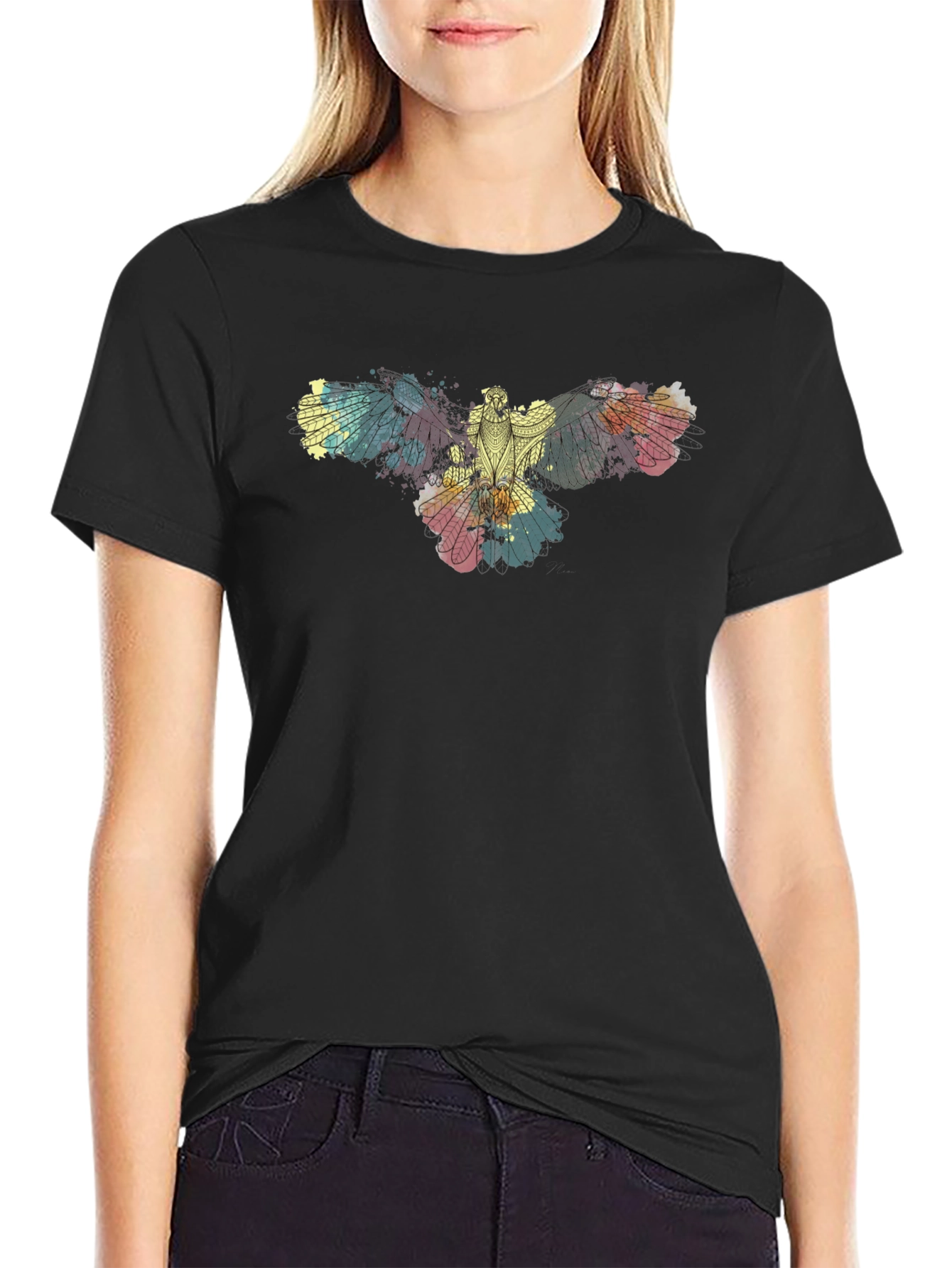 Abstract Bird Print Black T-Shirt