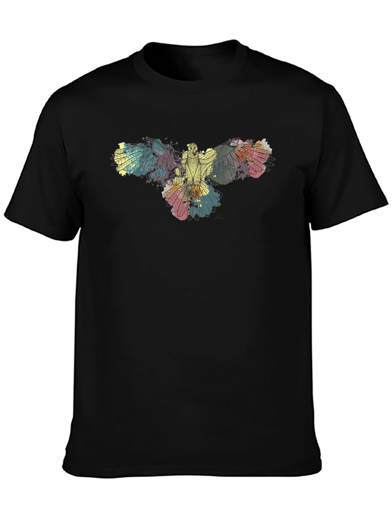 Abstract Bird Print Black T-Shirt