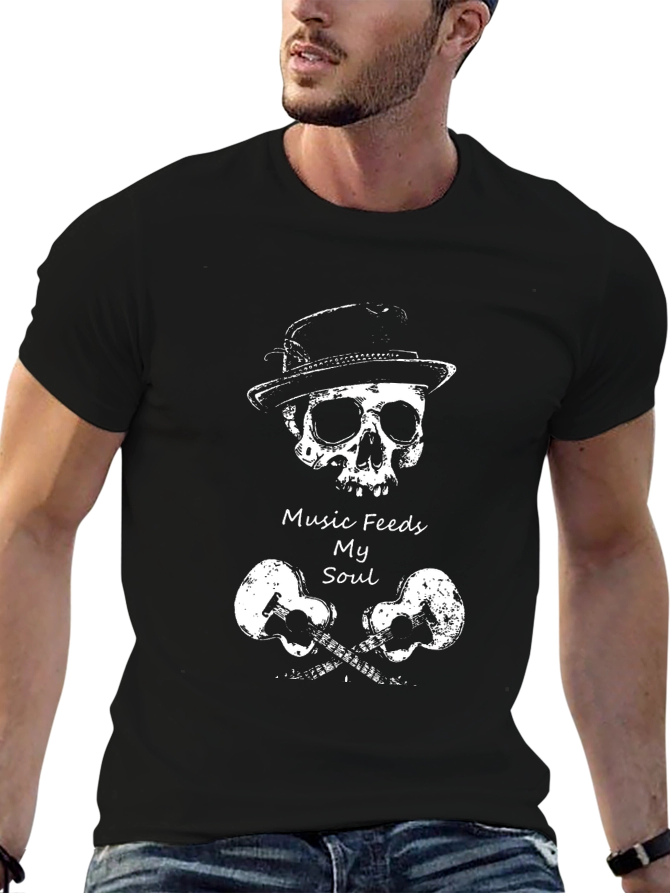Music Feeds My Soul Skull & Guitars T-Shirt