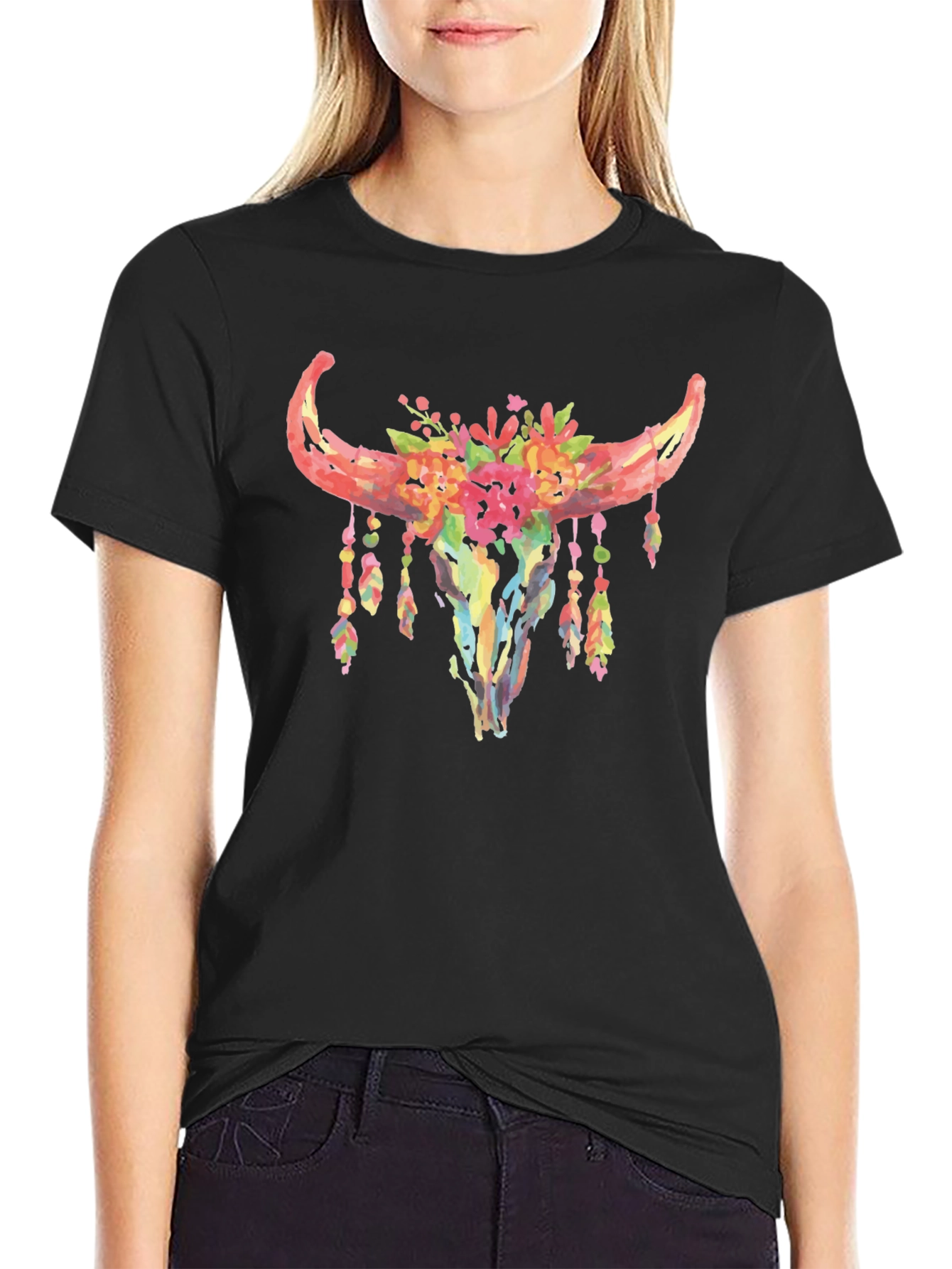 Floral Bull Skull Graphic T-Shirt
