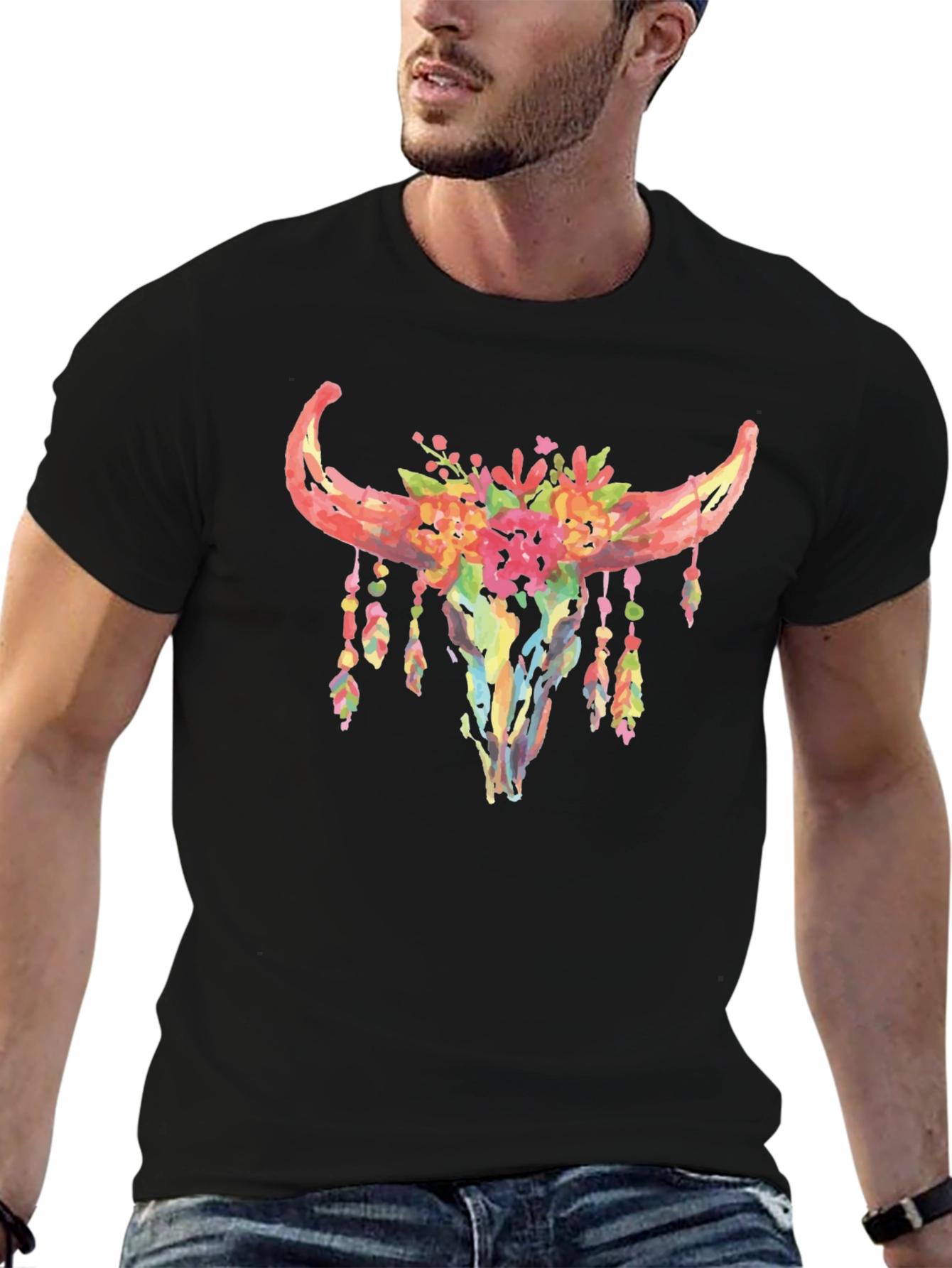 Floral Bull Skull Graphic T-Shirt
