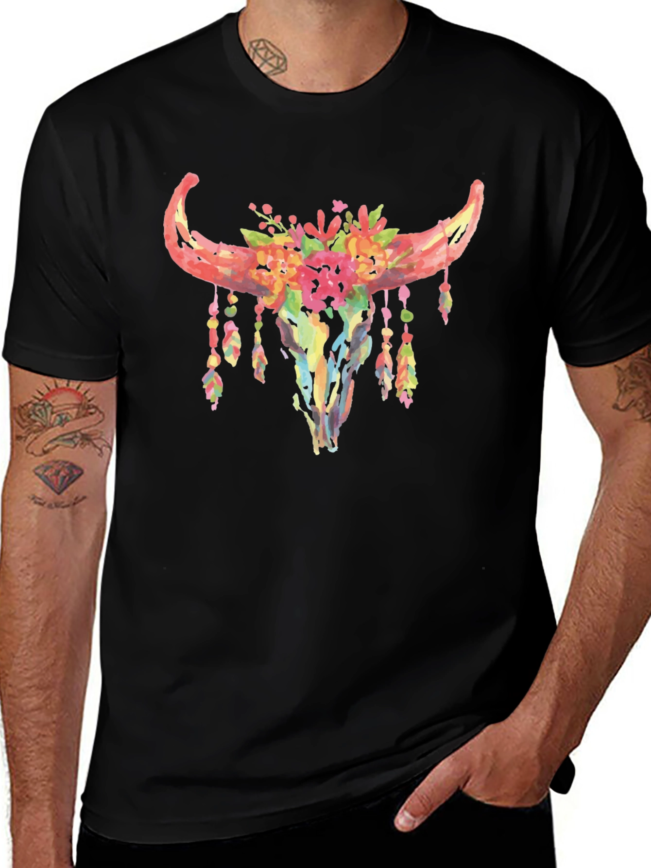 Floral Bull Skull Graphic T-Shirt