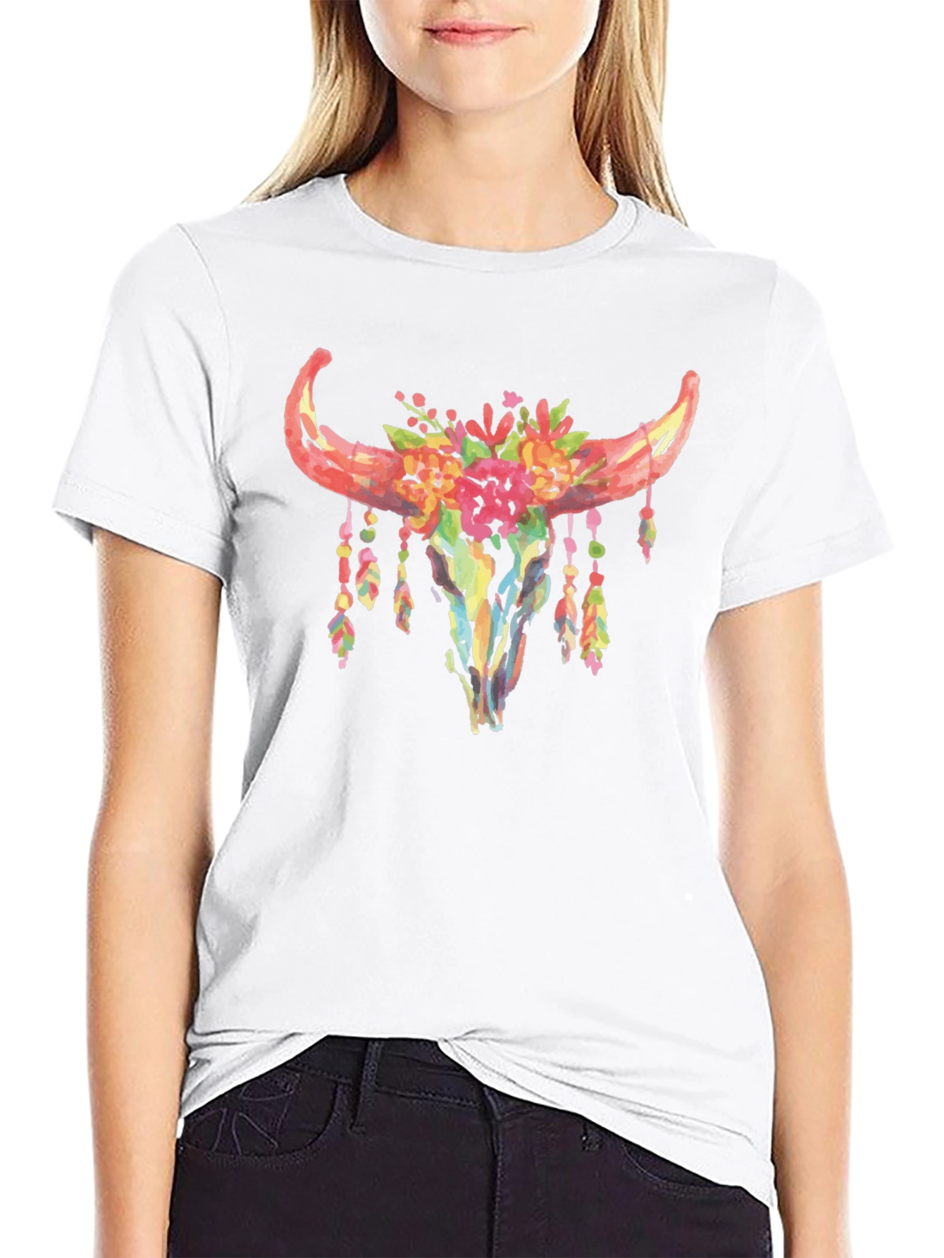 Floral Bull Skull Graphic T-Shirt
