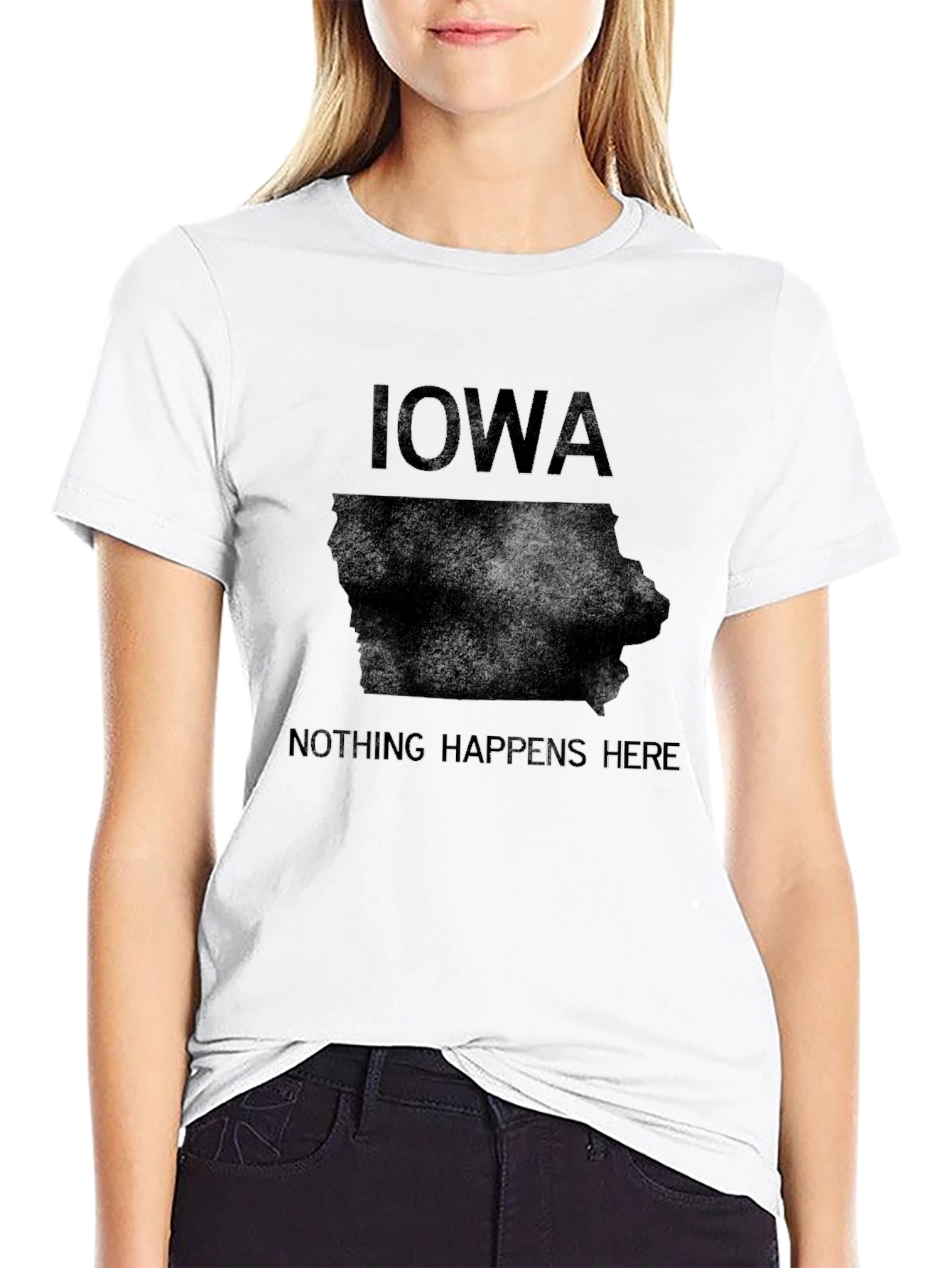 Iowa Nothing Happens Here Black Graphic Tee