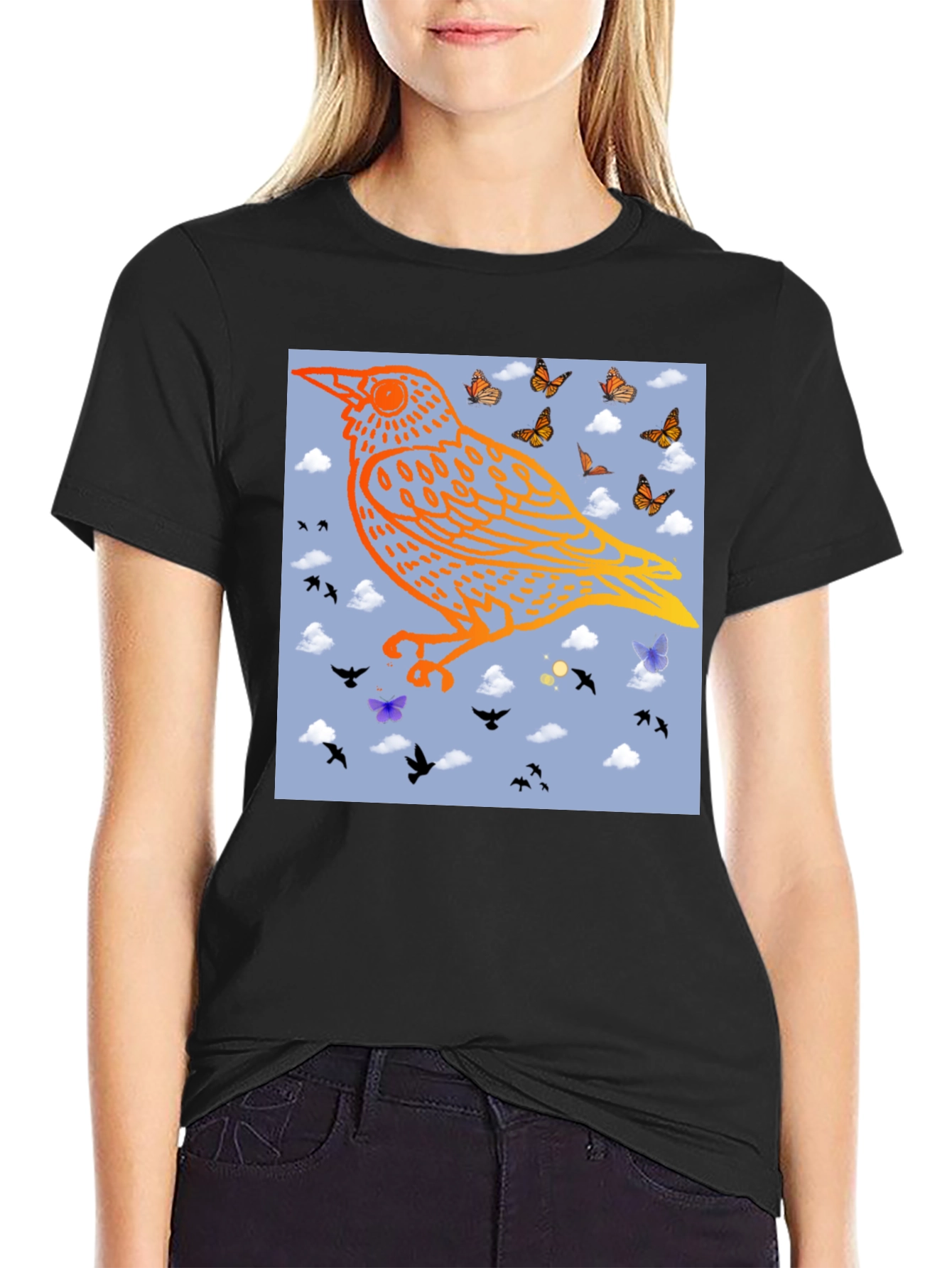 Bird & Butterfly Graphic Black Tee