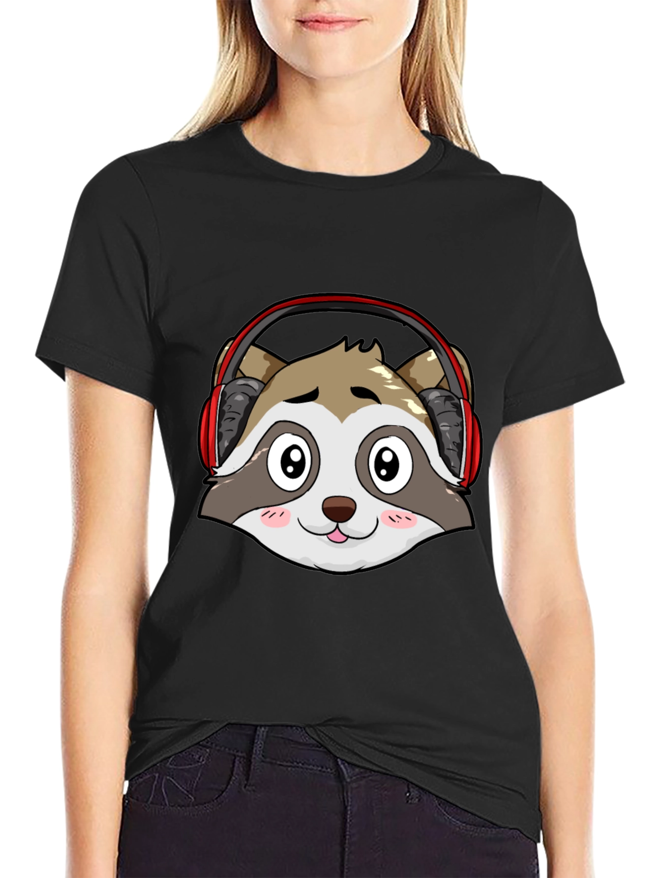 Cool Raccoon Headphone Graphic Black T-Shirt
