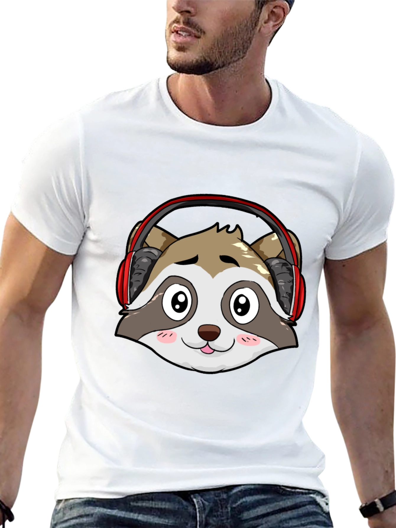 Cool Raccoon Headphone Graphic Black T-Shirt