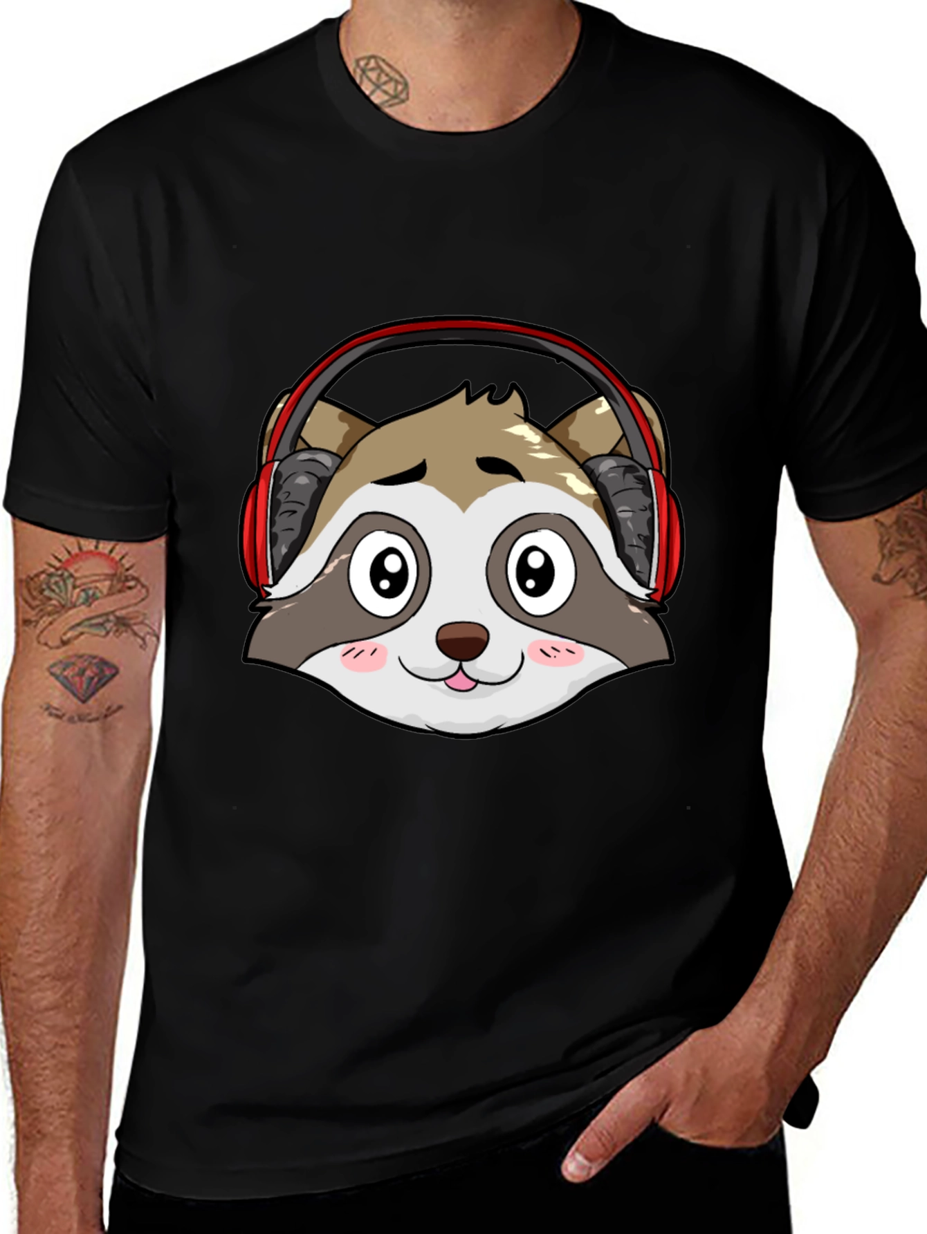 Cool Raccoon Headphone Graphic Black T-Shirt