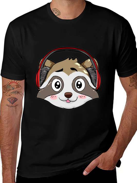 Cool Raccoon Headphone Graphic Black T-Shirt