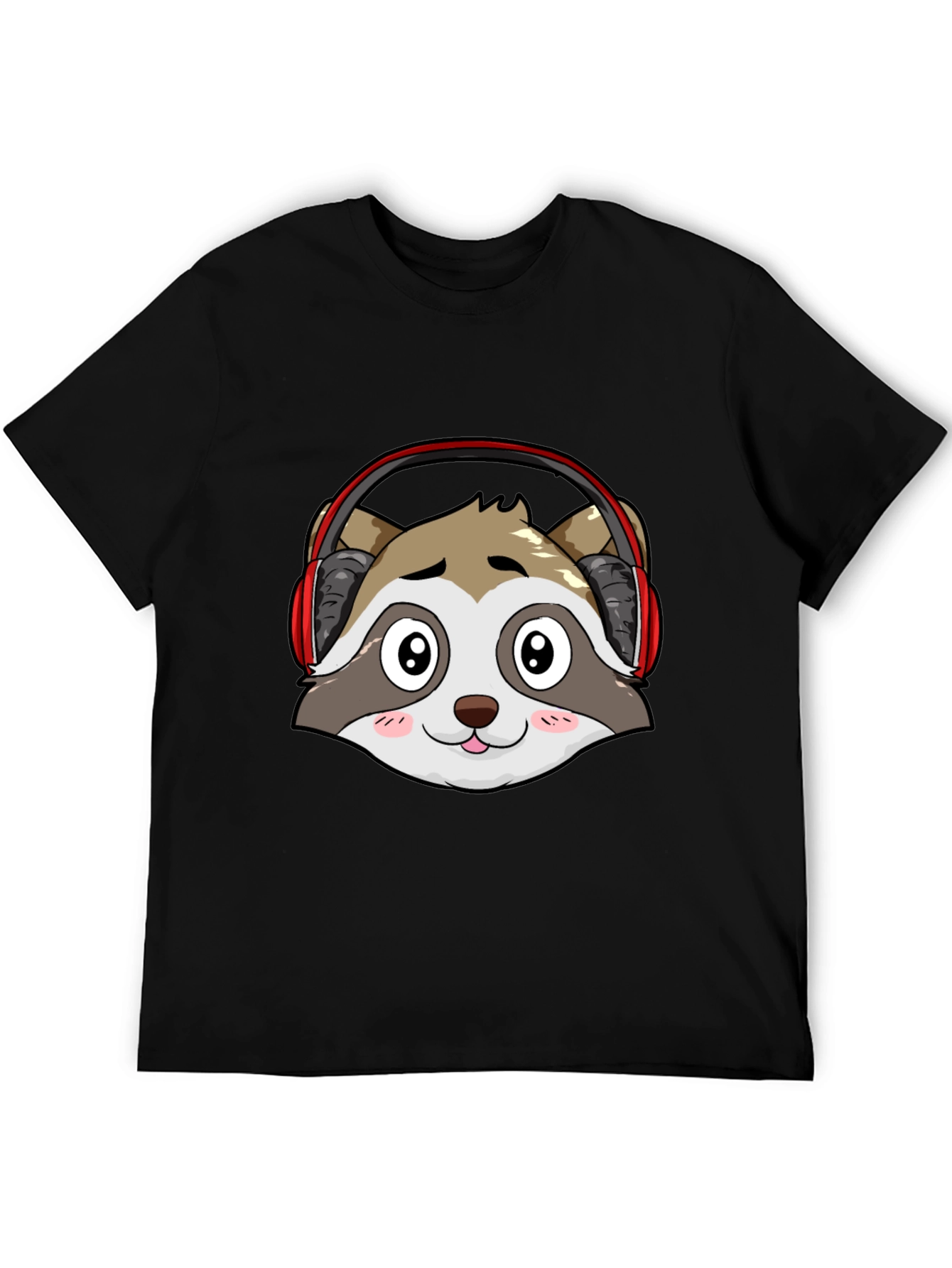 Cool Raccoon Headphone Graphic Black T-Shirt