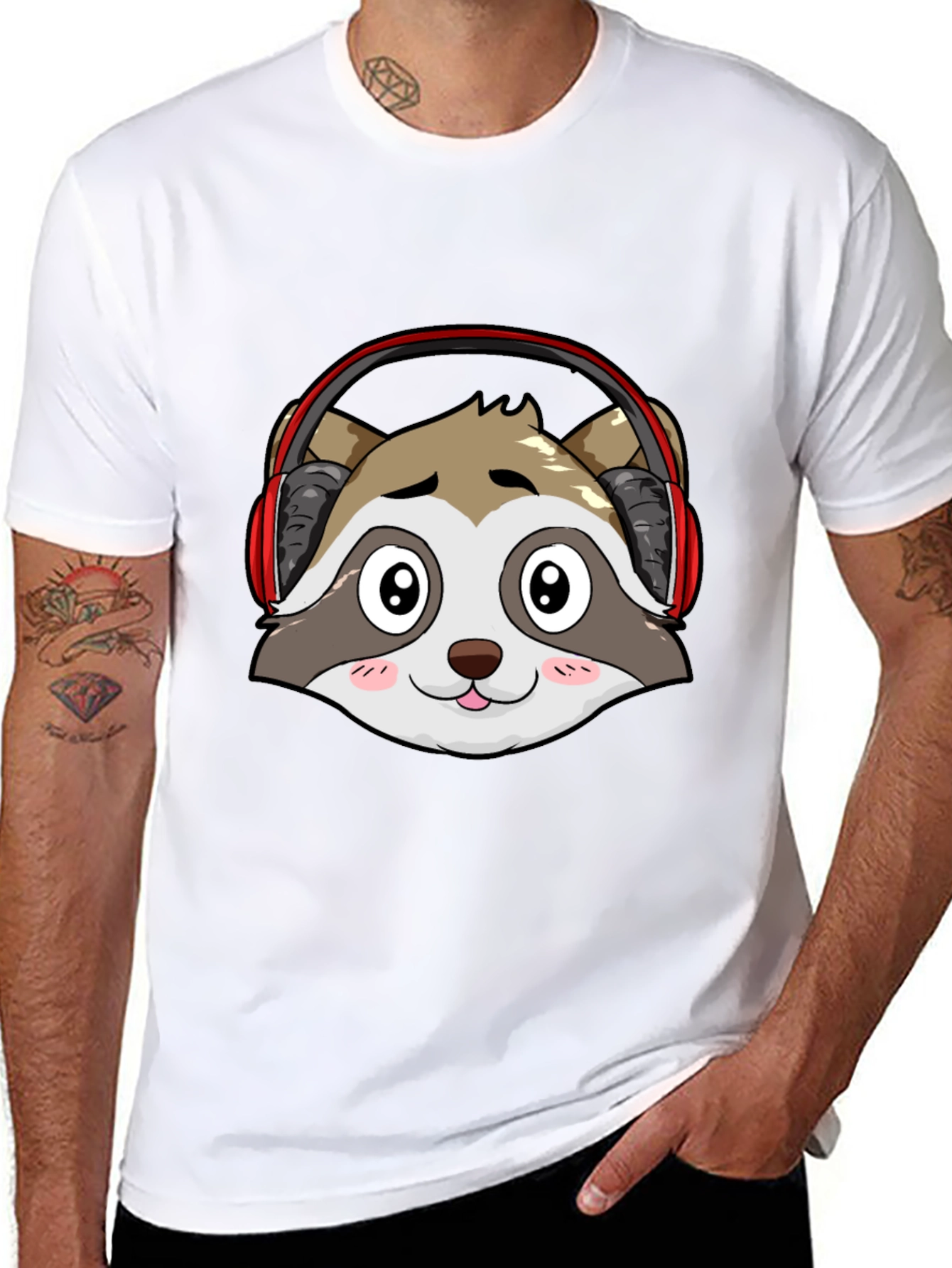 Cool Raccoon Headphone Graphic Black T-Shirt