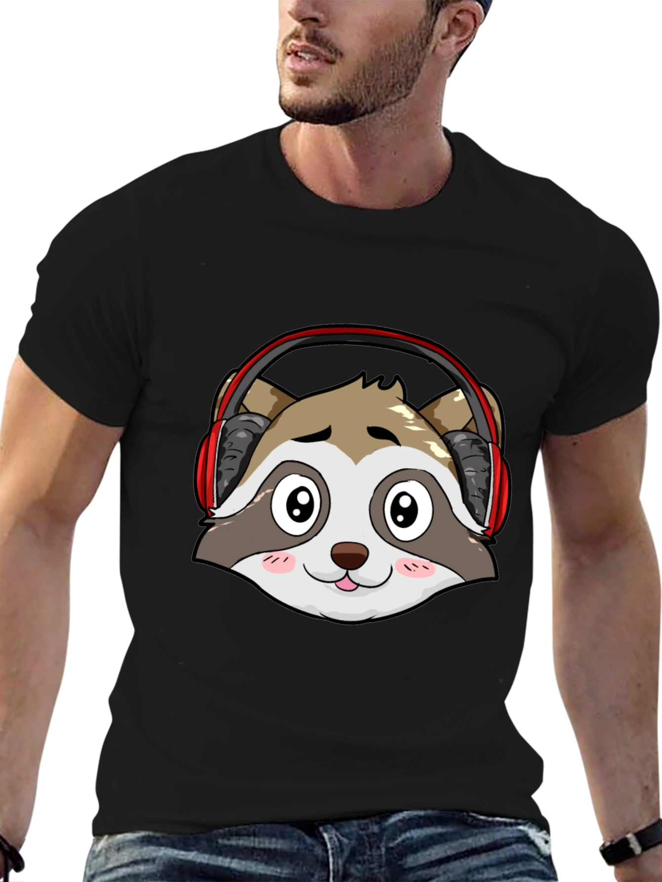 Cool Raccoon Headphone Graphic Black T-Shirt