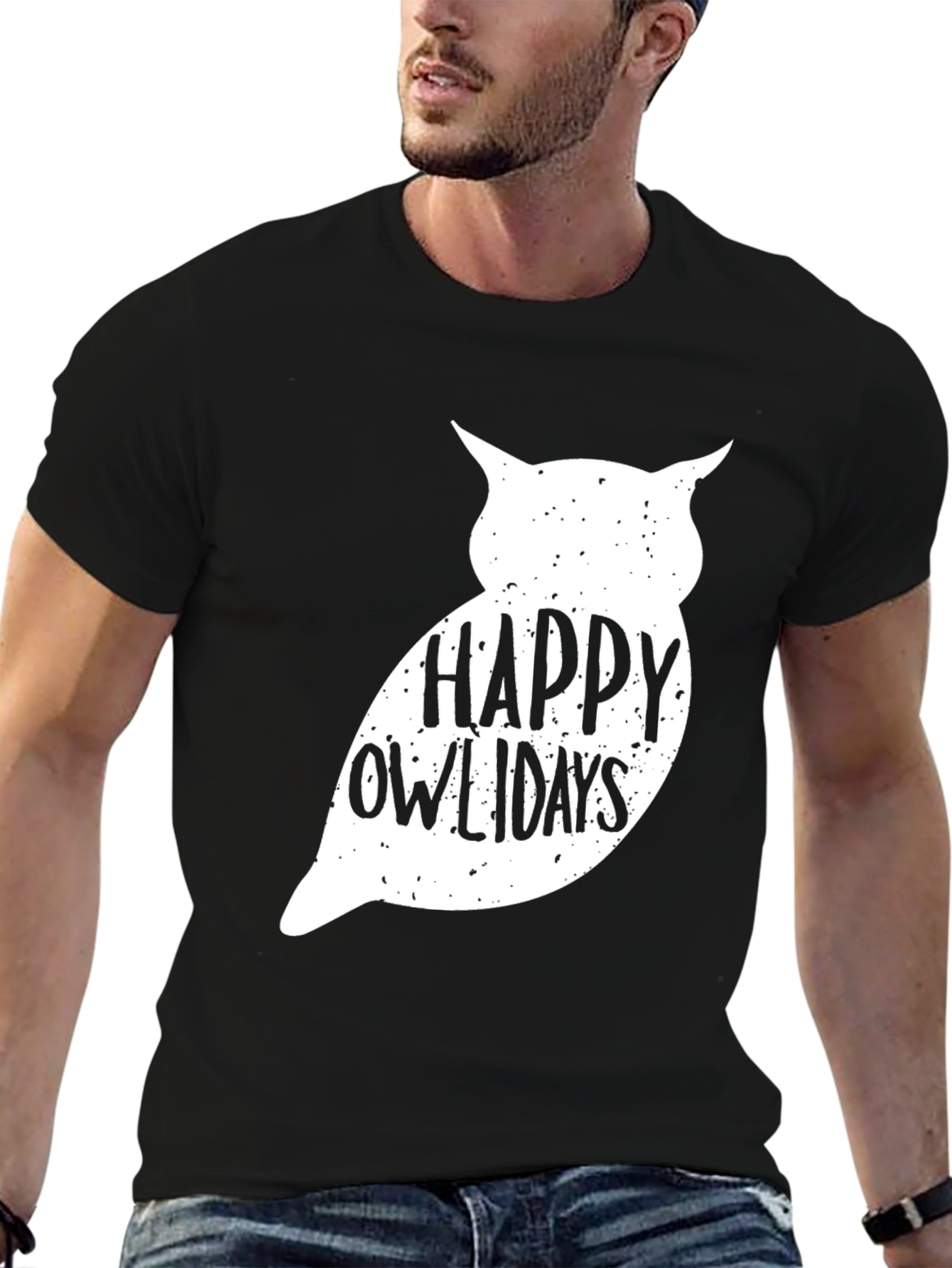 Happy Owlidays Graphic Tee - Soft Black Cotton
