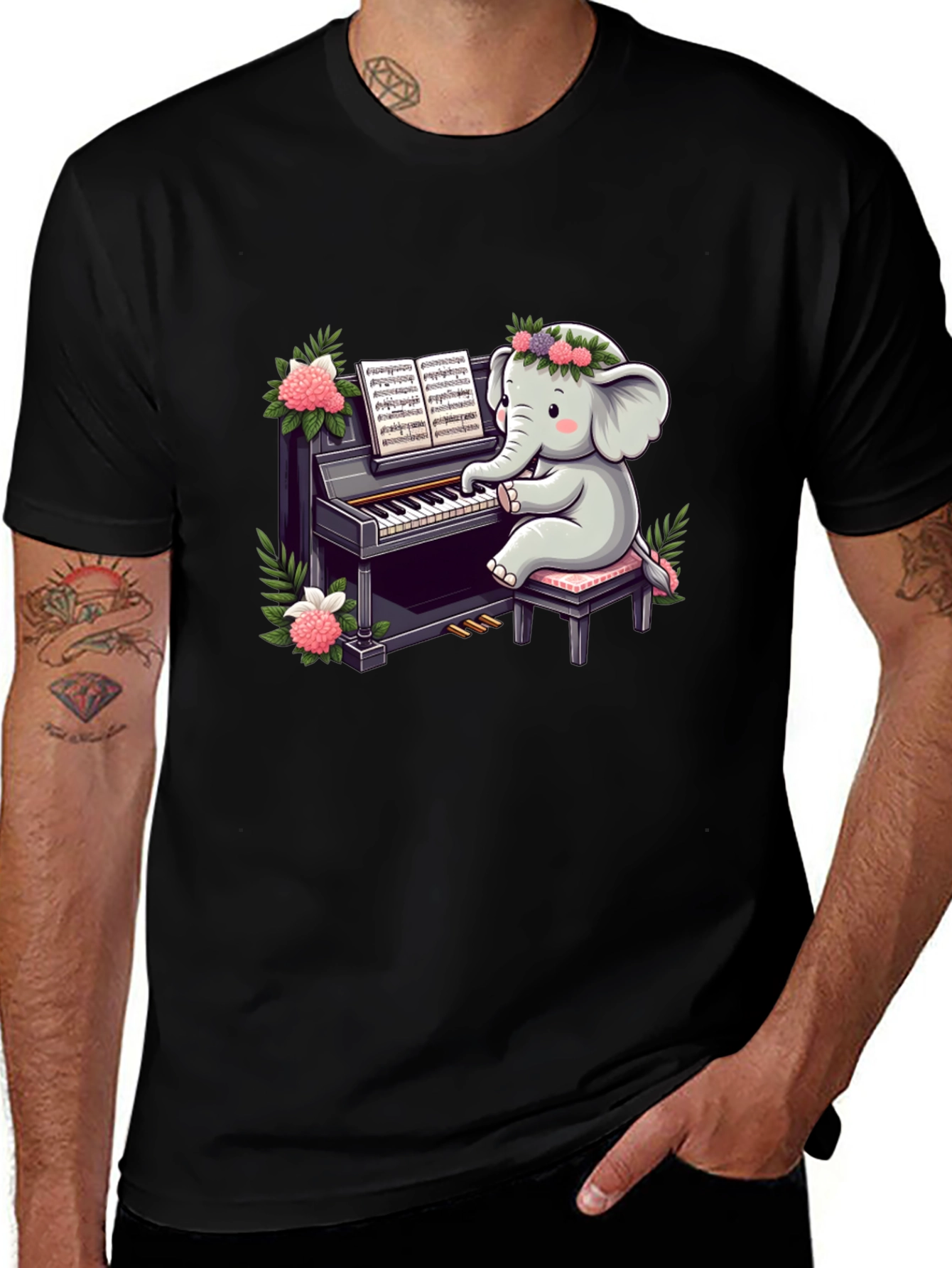 Cute Elephant Piano Player Graphic Tee