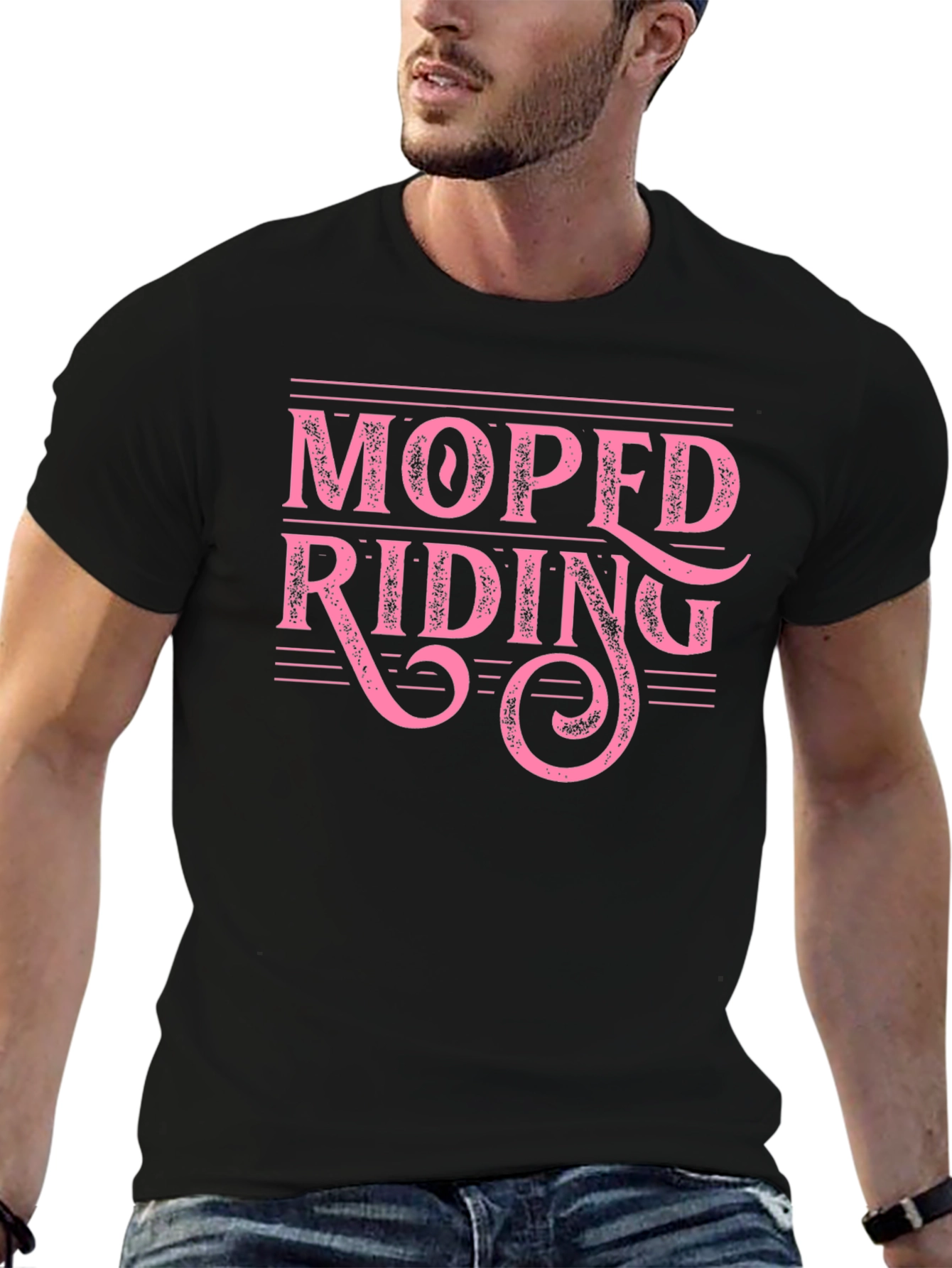 Moped Riding Graphic Tee - Pink on Black