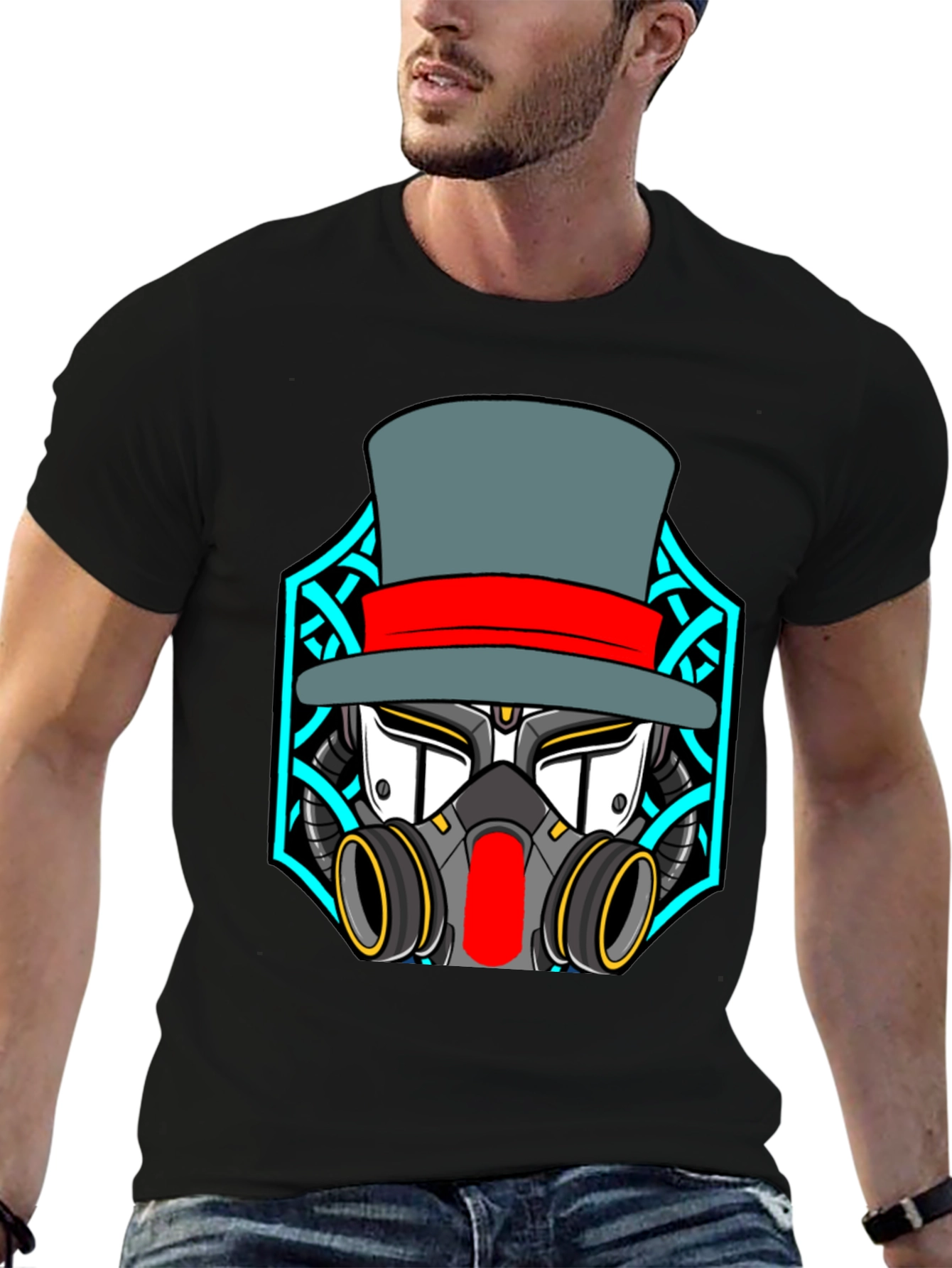 Steampunk Robot Top Hat Graphic Black T-Shirt