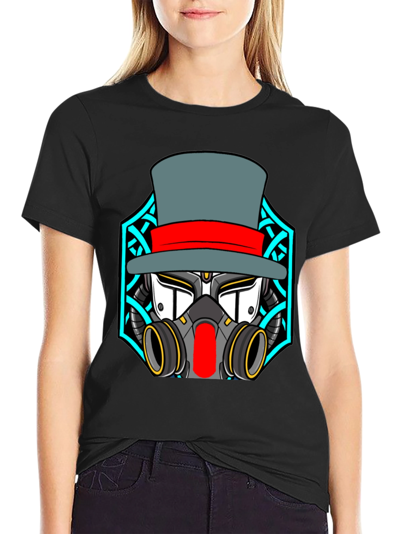 Steampunk Robot Top Hat Graphic Black T-Shirt