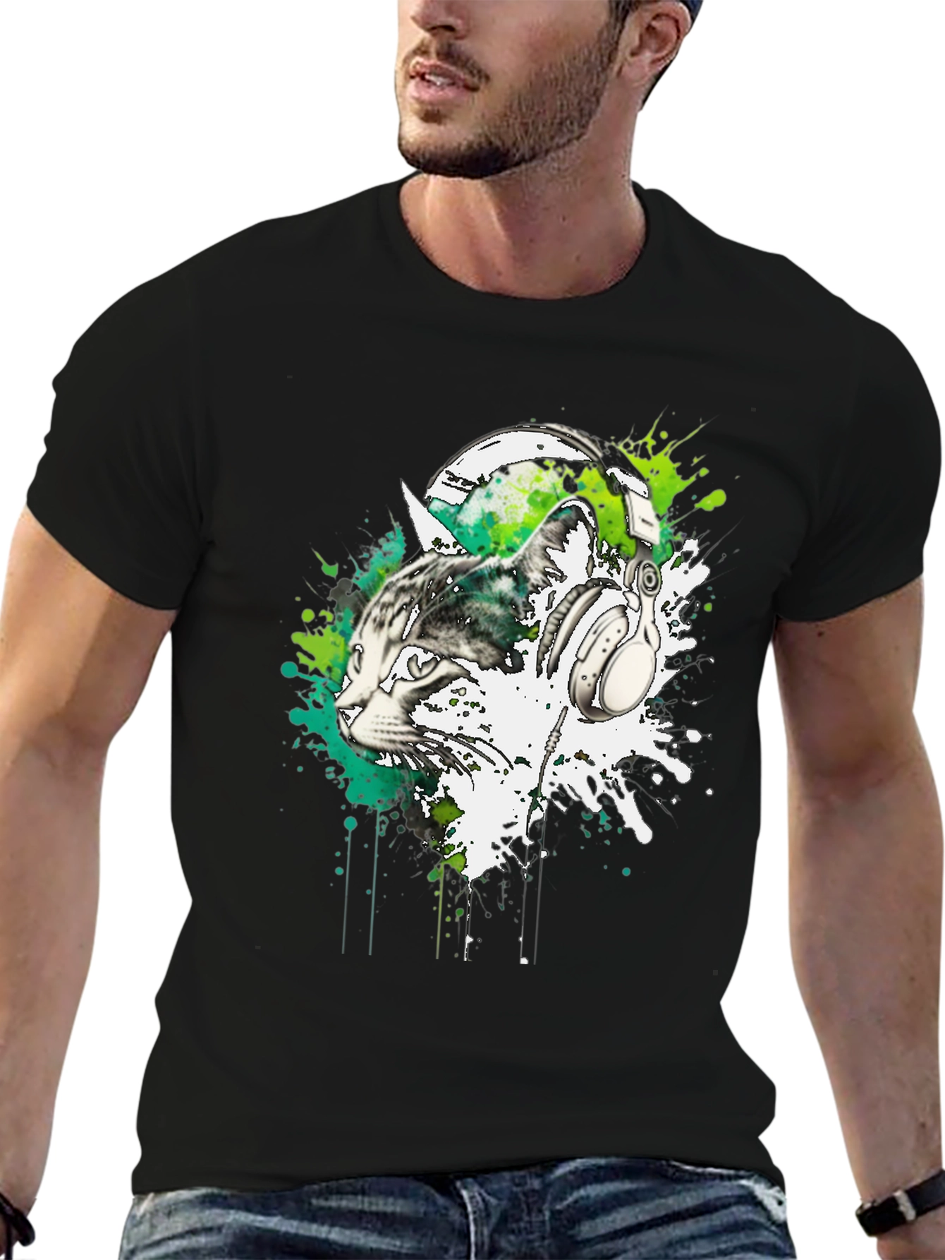 Cat DJ Graphic Tee - Black Cotton Blend
