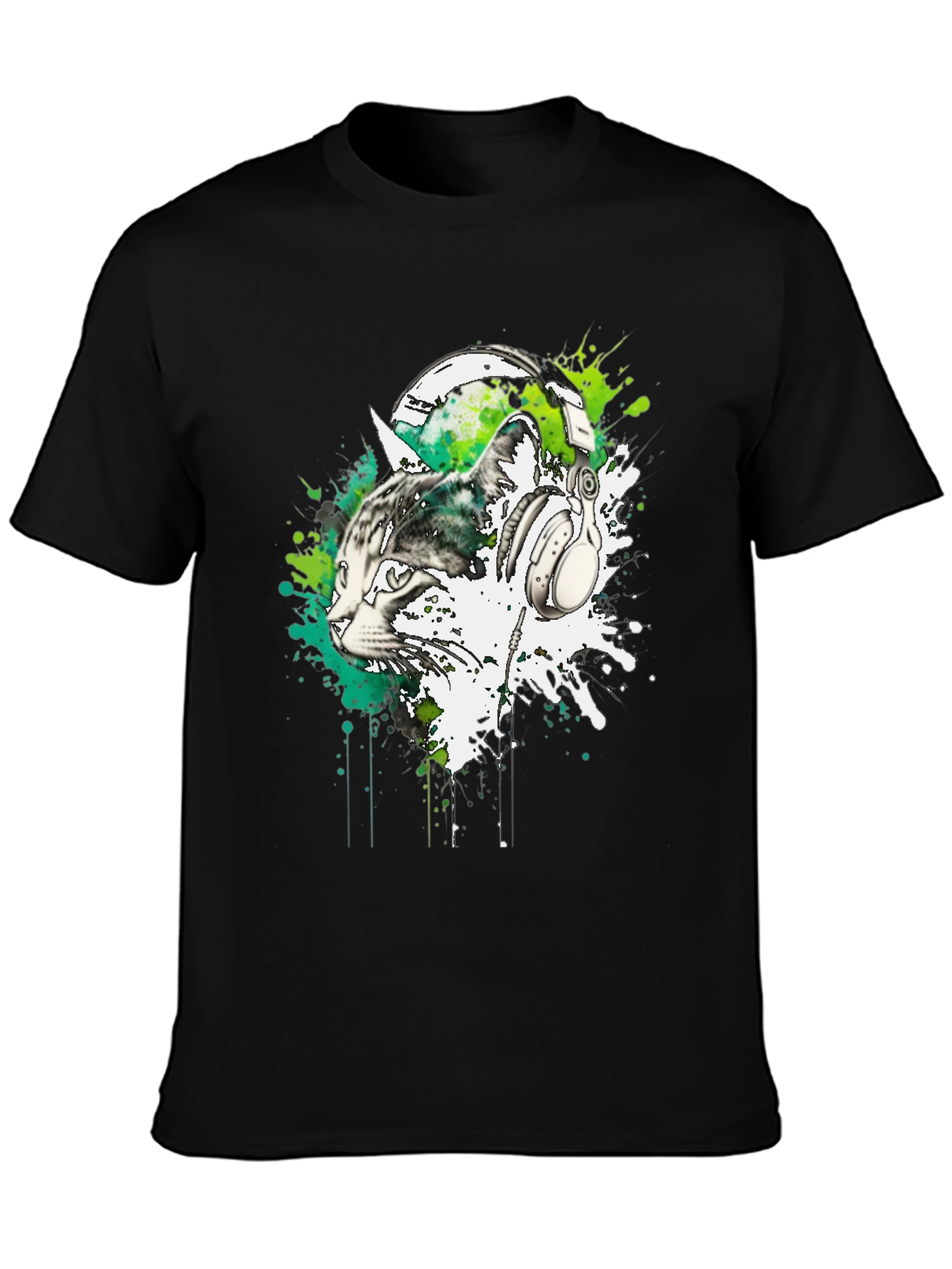 Cat DJ Graphic Tee - Black Cotton Blend