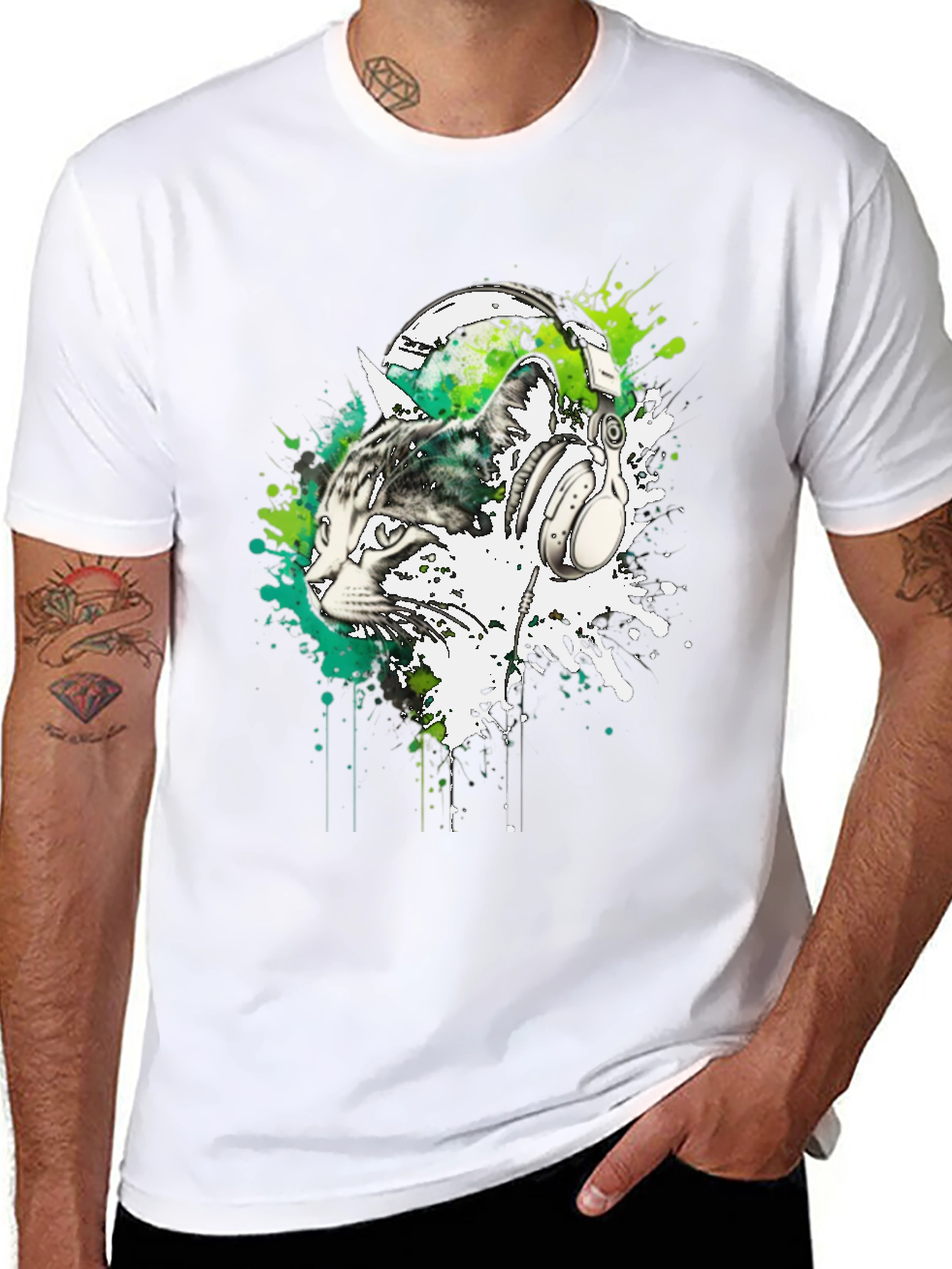 Cat DJ Graphic Tee - Black Cotton Blend